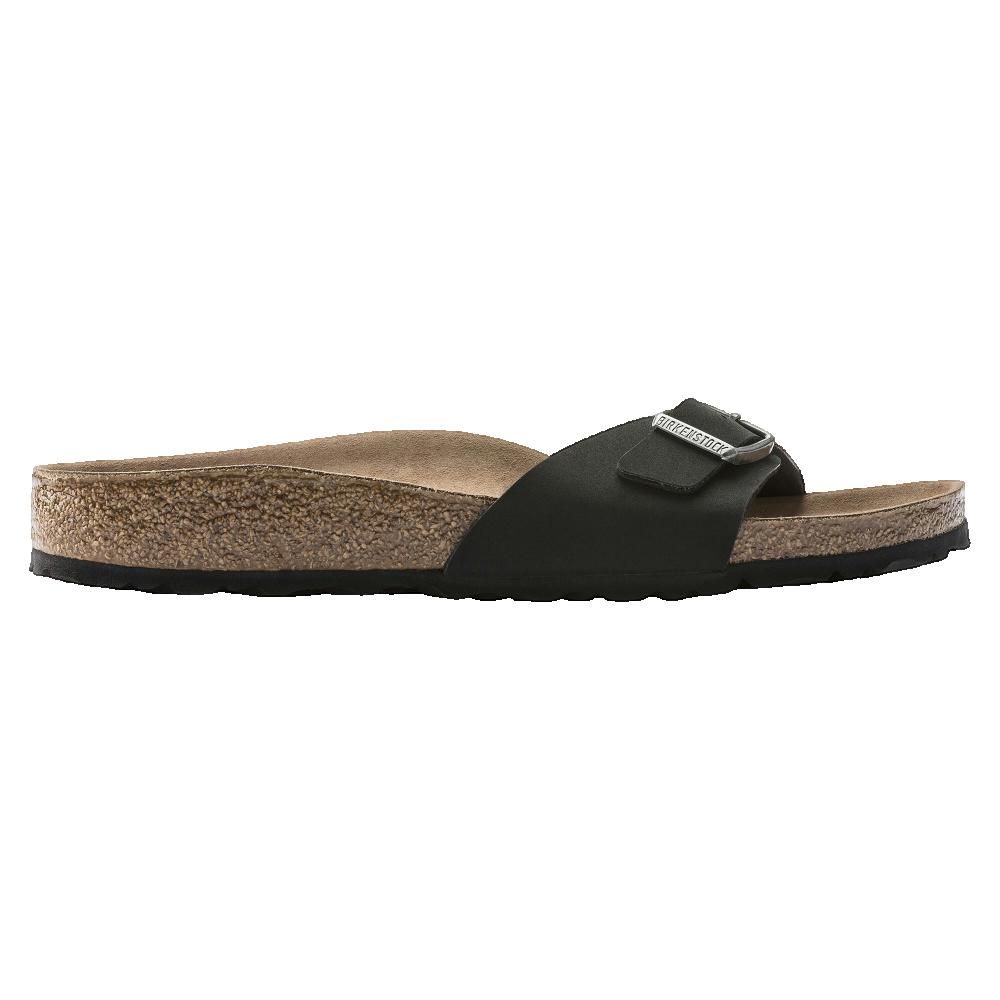 Sandalo Birkenstock Madrid nero, fibbia. Sottopiede in sughero, cinturino in pelle.