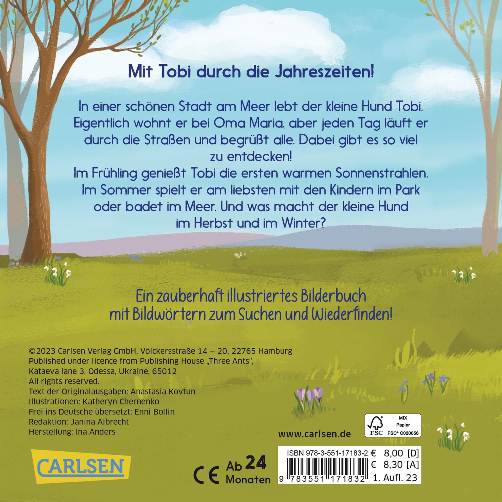 Rückseite des Buches "Komm mit durch das Jahr". Text, Illustrationen, Carlsen-Logo, Altersangabe, ISBN.