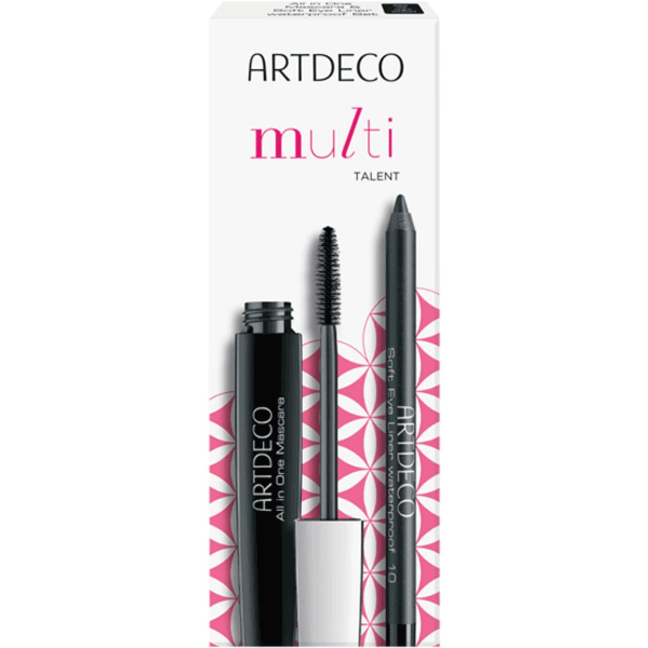 Artdeco Multi Talent Set. Mascara- und Eyeliner-Set in Verpackung. Schwarze Mascara-Tube, Bürste, schwarzer Eyeliner-Stift.