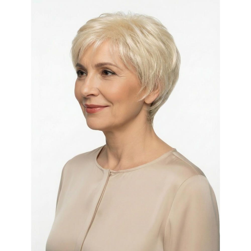 Kurzhaarperücke, blond, seitliche Ansicht einer Frau. Haarschnitt mit kurzem Pony. Trägt ein helles Oberteil.