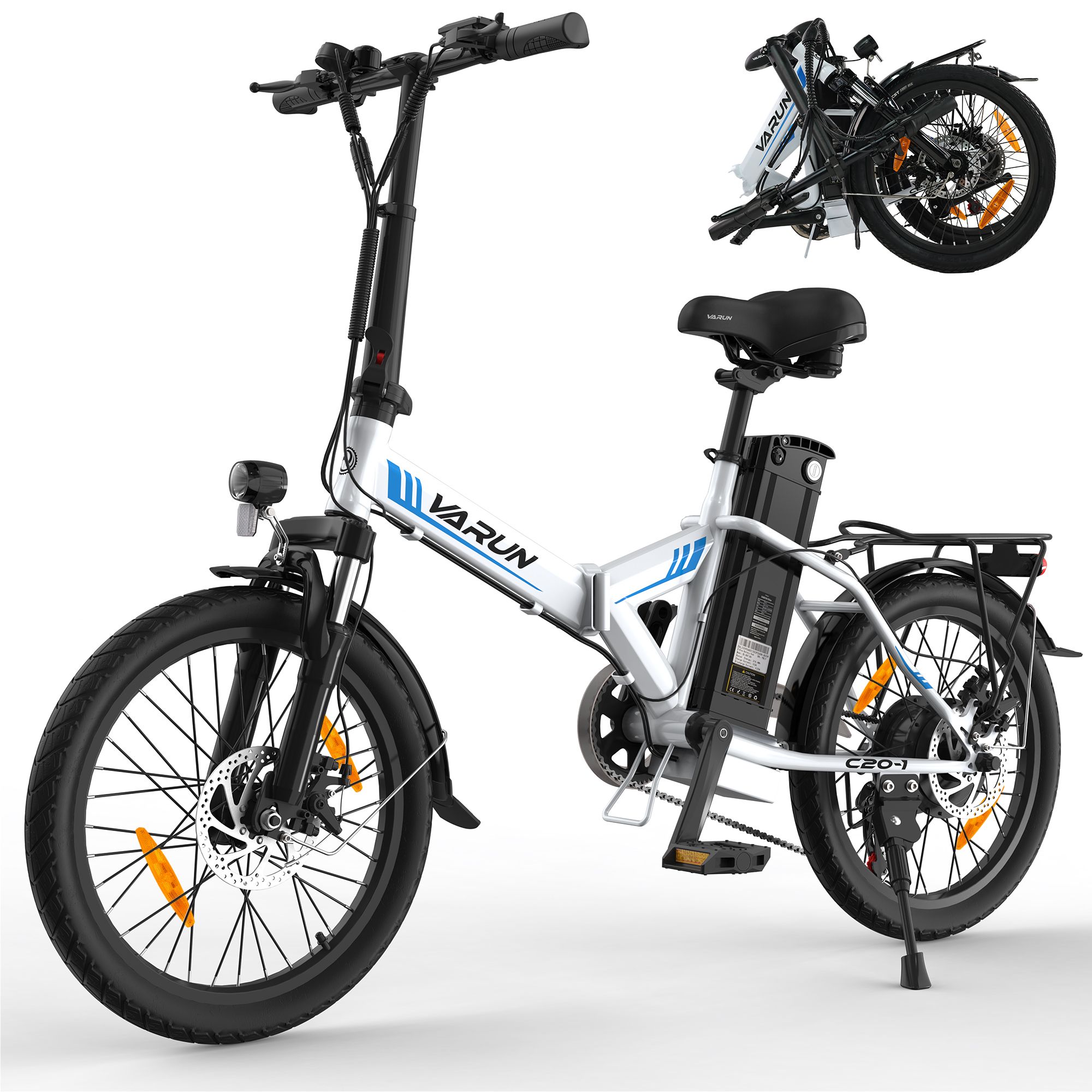 Faltbares E-Bike VARUN C20-1. Weiß, blau. Schwarzer Sattel. Gepäckträger. Gefaltet.