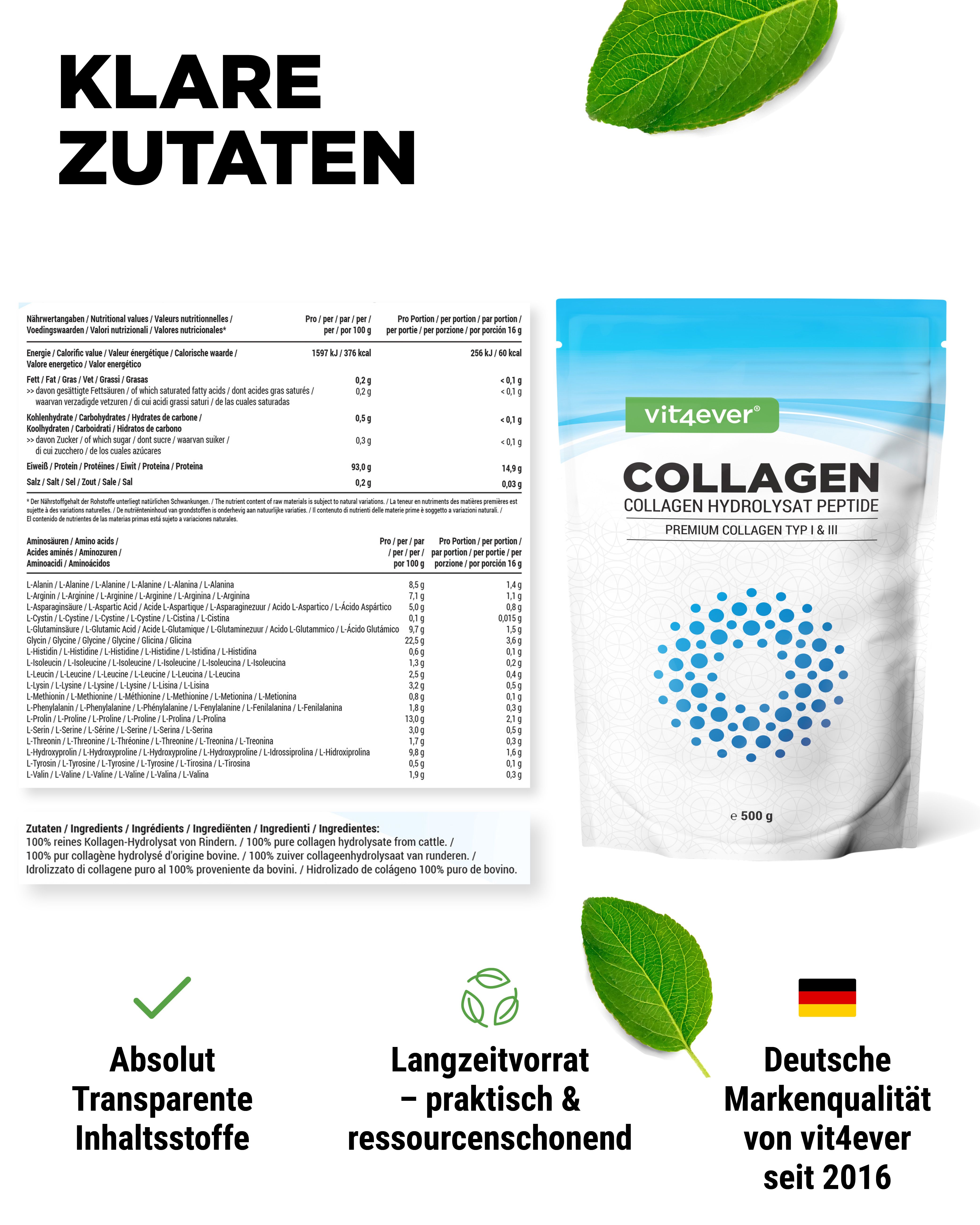 Beutel mit Kollagen Pulver. Aufschrift: vit4ever, Collagen, Premium Collagen Typ I & III. 500g.  Text mit Nährwertangaben.