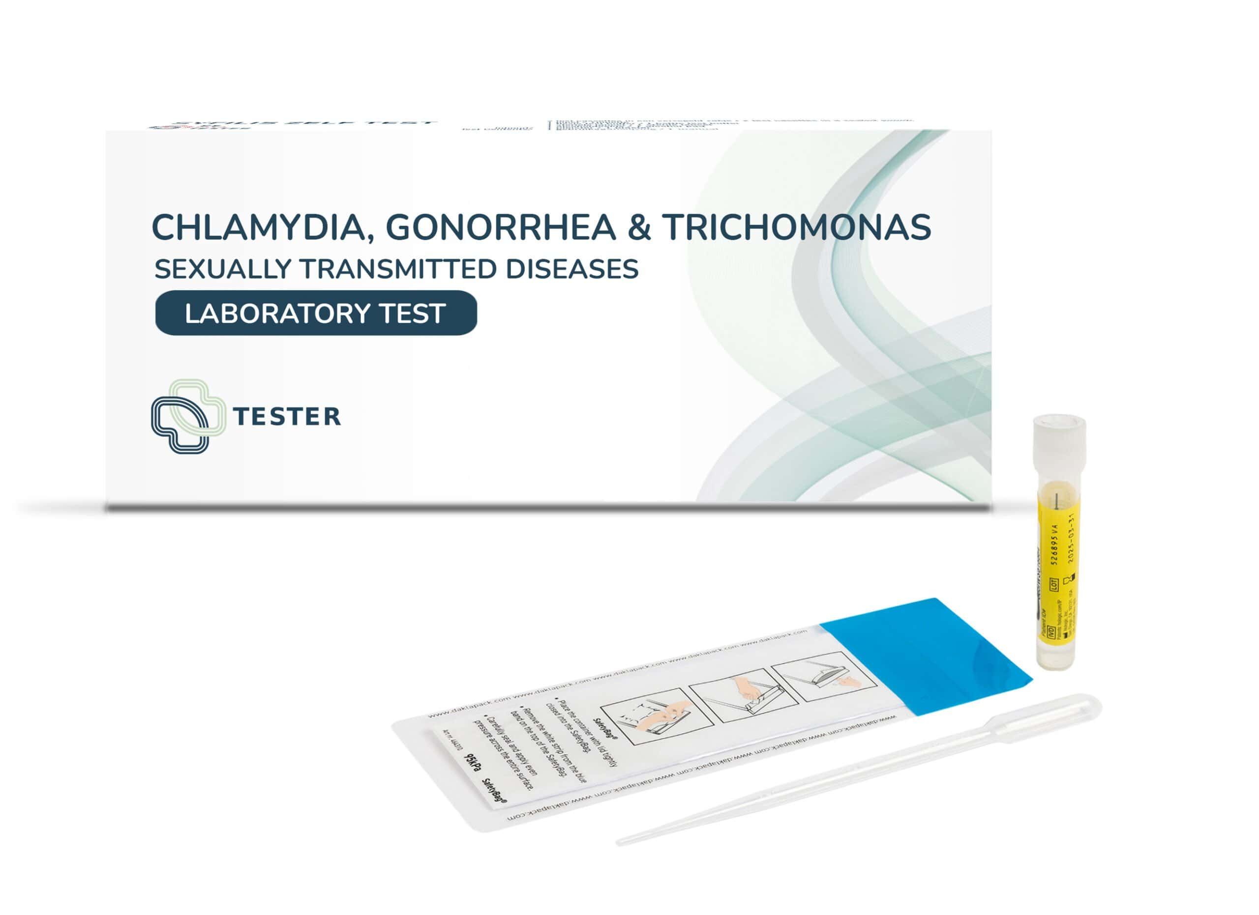 Chlamydien-, Gonorrhoe- & Trichomonaden-Testkit mit Verpackung, Teststreifen, Pipette und Probenröhrchen.
