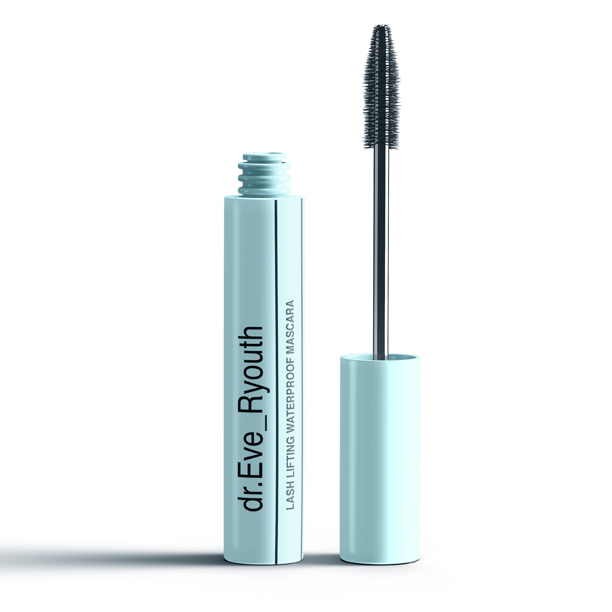 Lichtblauwe mascaratube met geopende applicator. Op de tube staat "dr.Eve_Ryouth" en "Lash Lifting Waterproof Mascara".