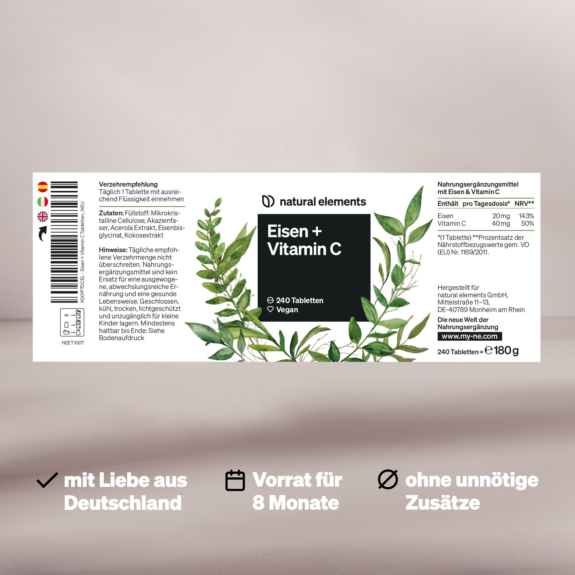 natural elements Eisen + 40mg Vitamin C Acerola – 240 Tabletten – Chelat-Komplex Eisenbisglycinat