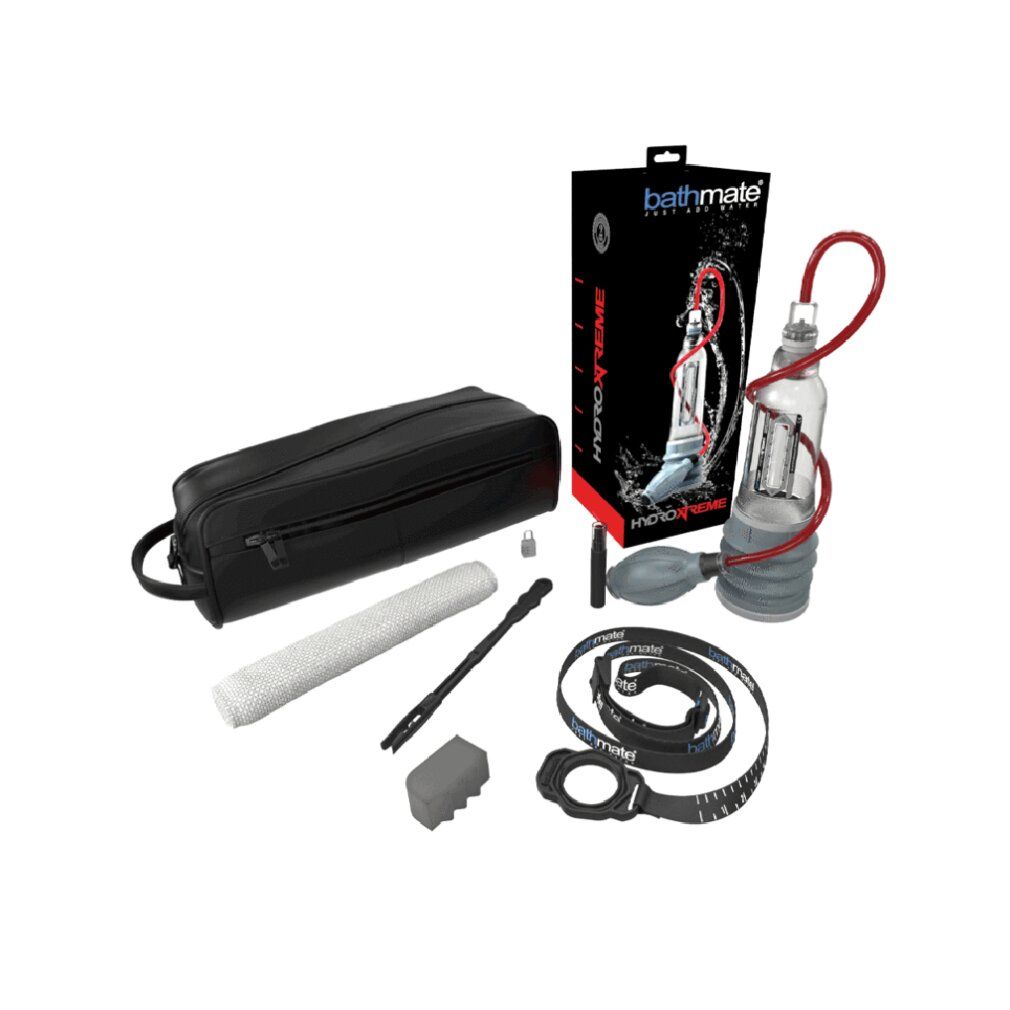 Produkt-Set. Schwarze Tasche, Zylinder mit rotem Schlauch, graue Pumpe, Zubehör: Bürste, Reiniger, Messband, etc.