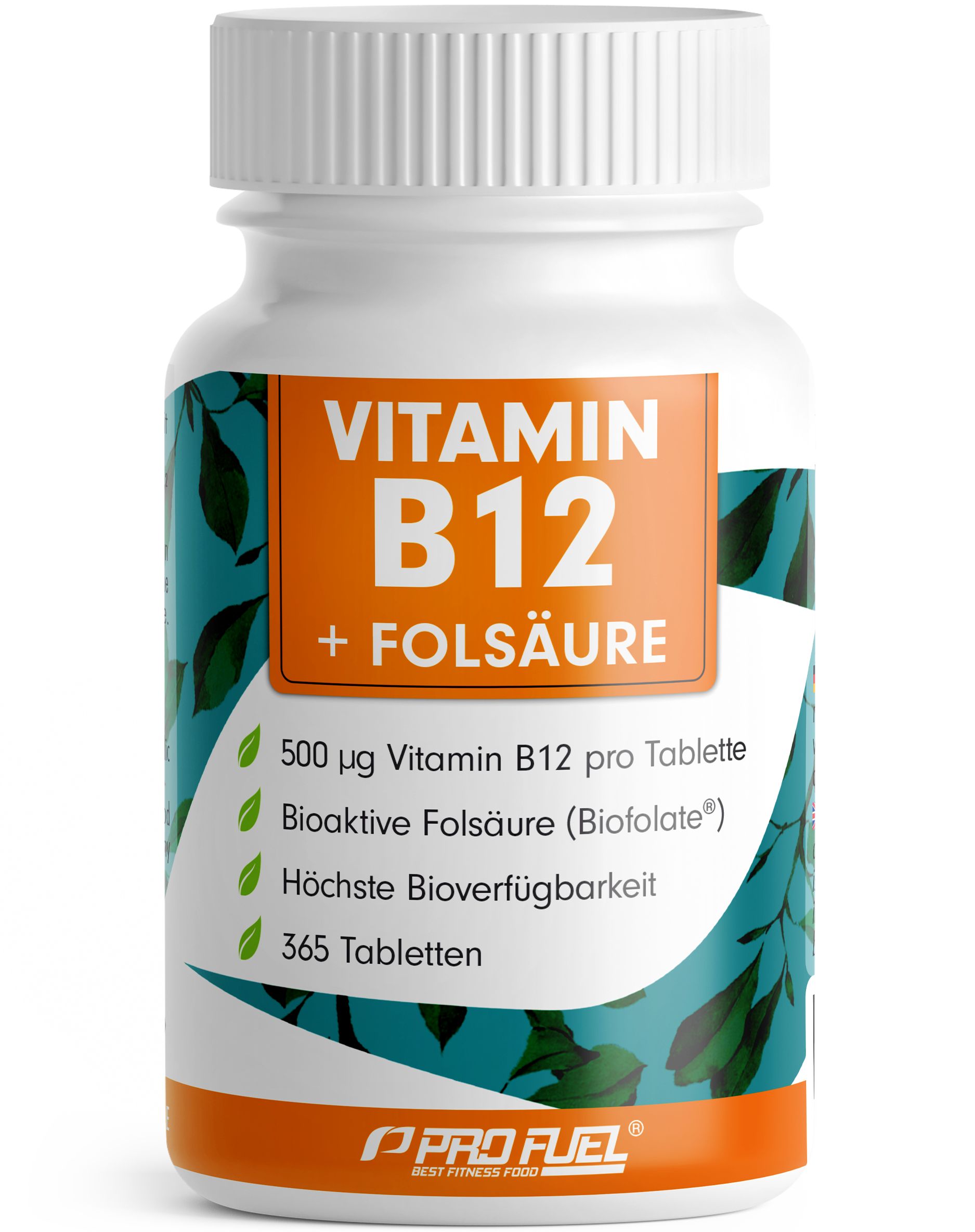 Weiße Flasche mit orangefarbenem Etikett. Aufschrift: Vitamin B12 + Folsäure. Enthält 365 Tabletten. Marke: ProFuel.
