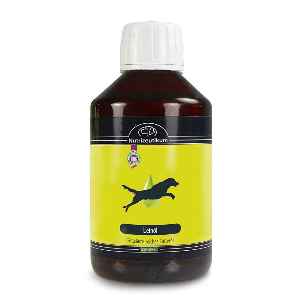 Braune Flasche mit gelbem Etikett. Schwarze Silhouette eines Hundes und Tropfen. Text: Leinöl, Fettsäure-reiches Futteröl.