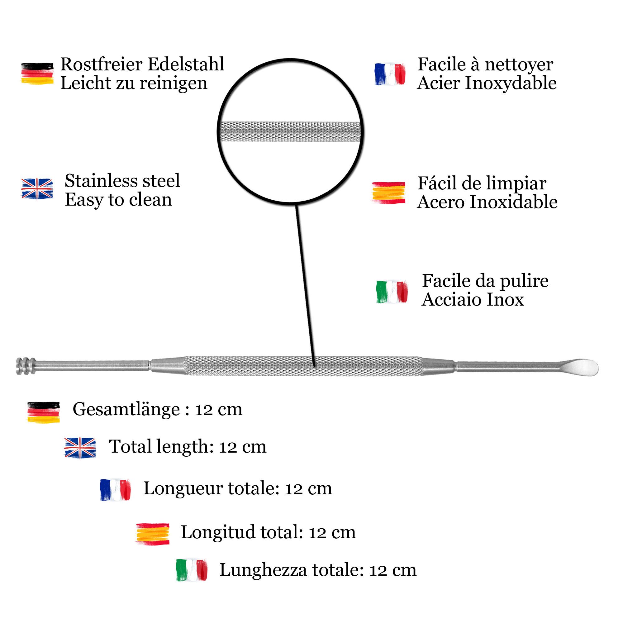 Ohrreiniger-Werkzeug aus Metall. Gesamtlänge: 12 cm. Beschriftung.