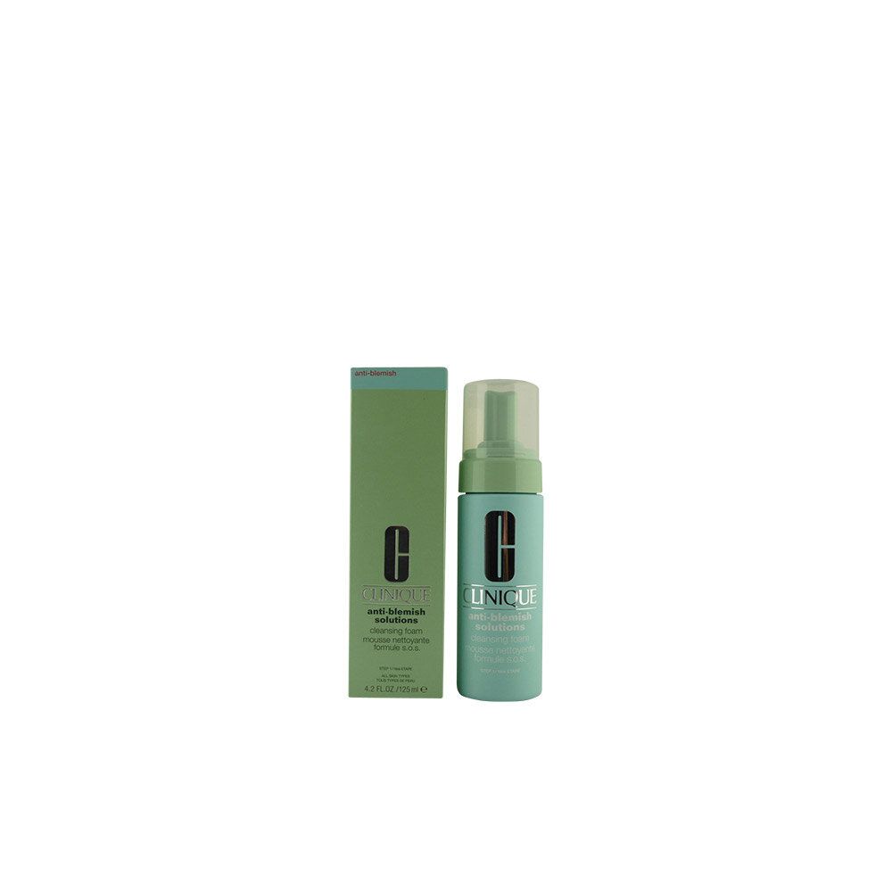 CLINIQUE Anti-Blemish Solutions Reinigungsschaum, Flasche und Verpackung. Hellgrüne Flasche mit grünem Pumpkopf.