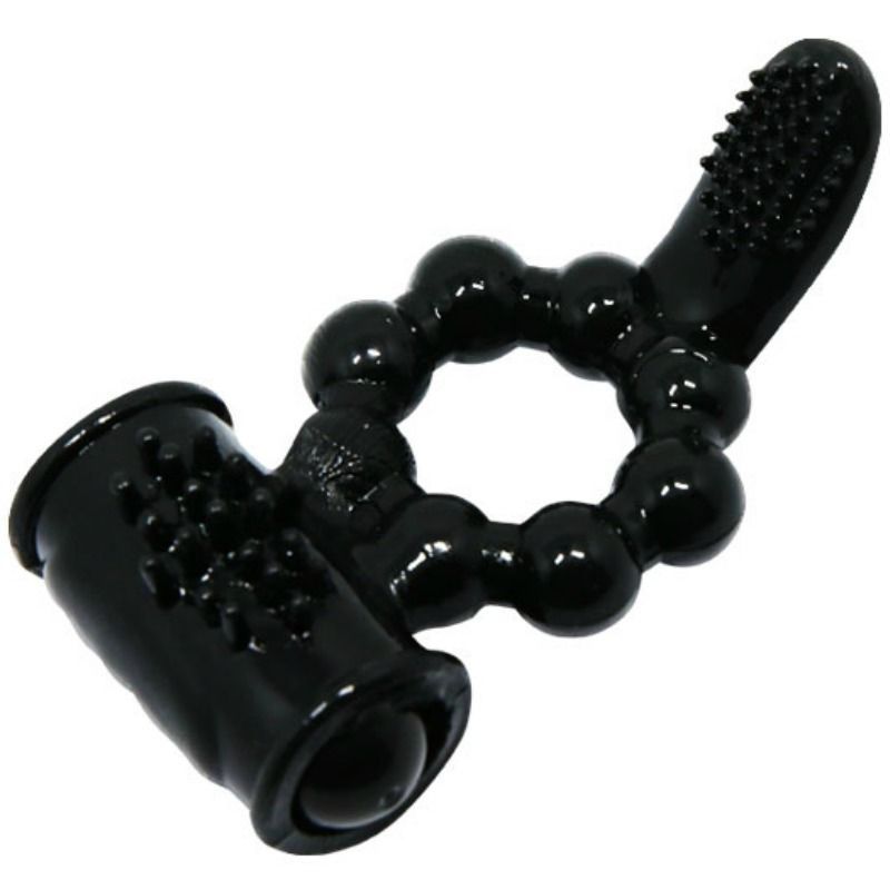 Schwarzer Cockring mit Perlenkette und texturiertem Aufsatz.