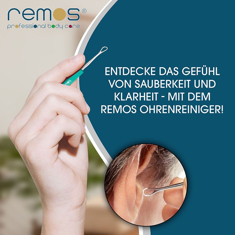 Hand hält Ohrenschlinge am Ohr. Text: Entdecke das Gefühl von Sauberkeit und Klarheit. Marke: remos.