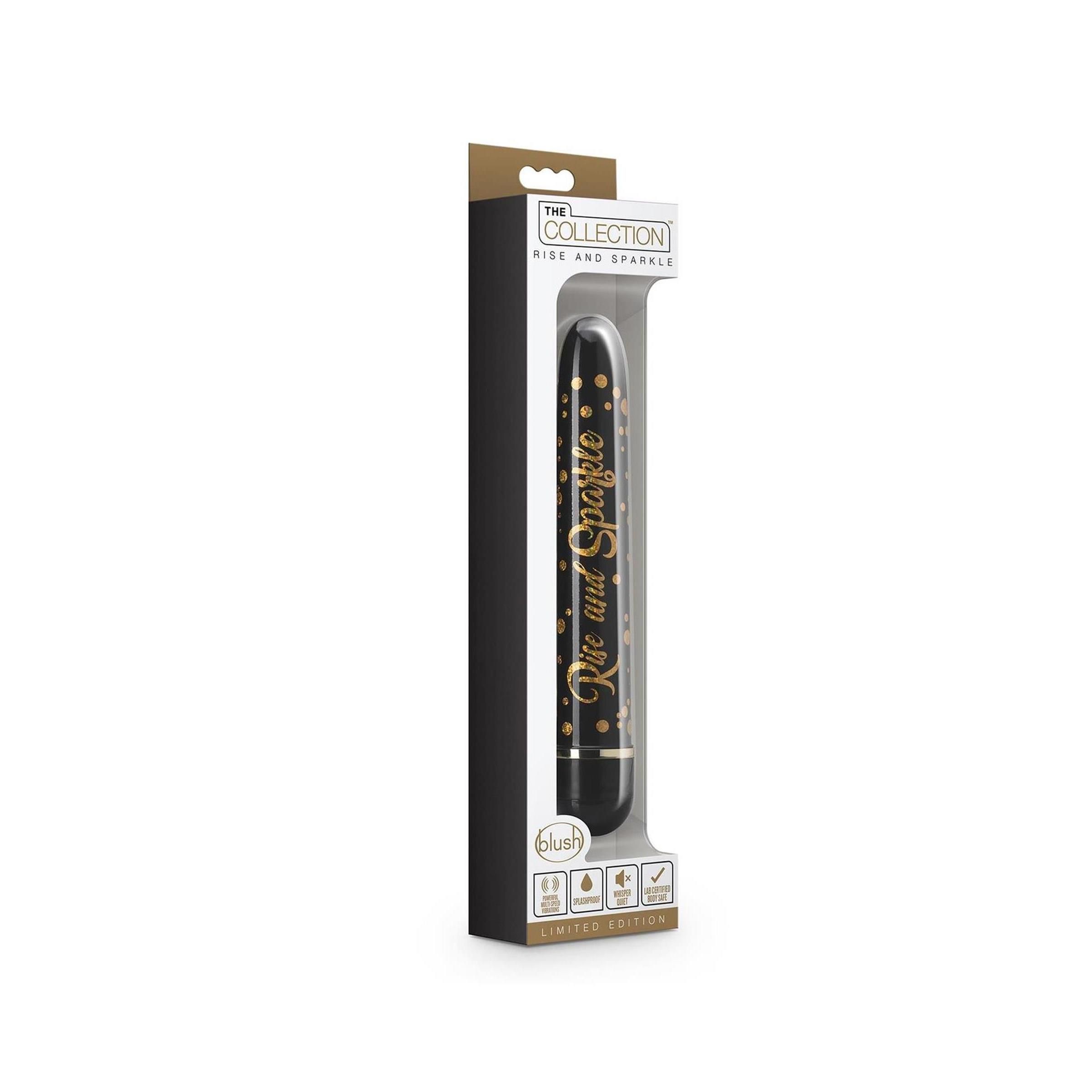 Verpackung mit Vibrator. Schwarze Schachtel mit Sichtfenster. Aufschrift 'Rise and Sparkle'.