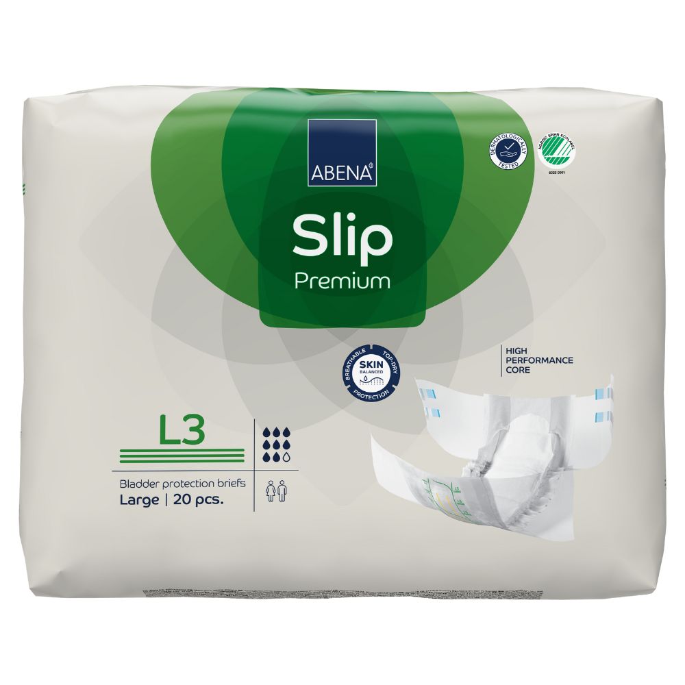 Abena Slip Premium. Weiße Verpackung mit grünen Akzenten. Enthält Inkontinenz-Slips. L3, Large, 20 Stück. Mit Zertifizierungen.