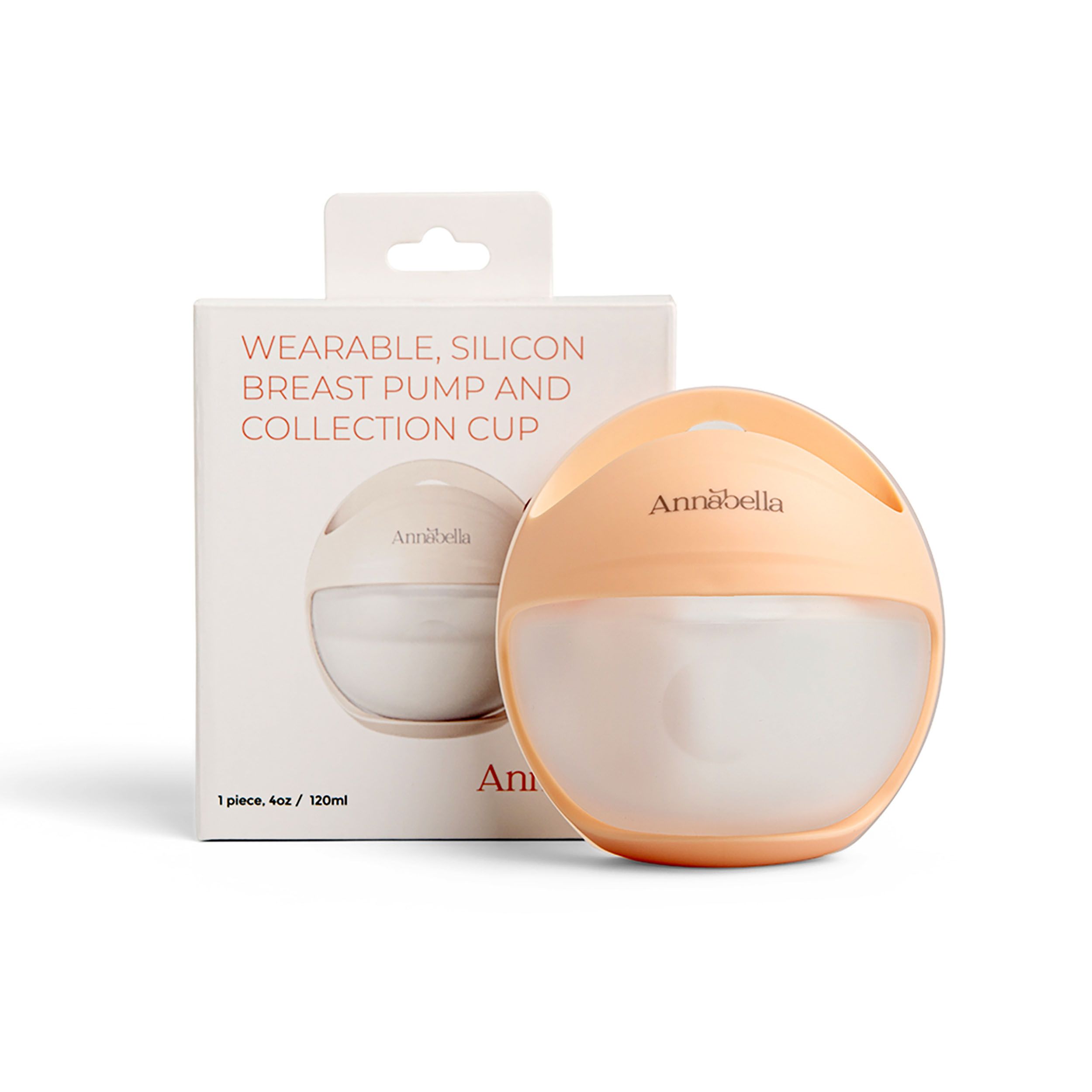 Verpackung mit Brustpumpe. Text: Wearable, Silicon Breast Pump and Collection Cup. Marke Annabella.