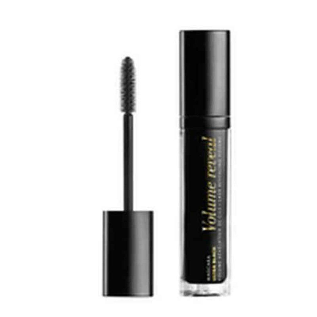 Schwarze Mascara-Tube mit Bürste. Aufschrift: Volume Reveal. Bürste mit Borsten. Goldfarbene Schrift.