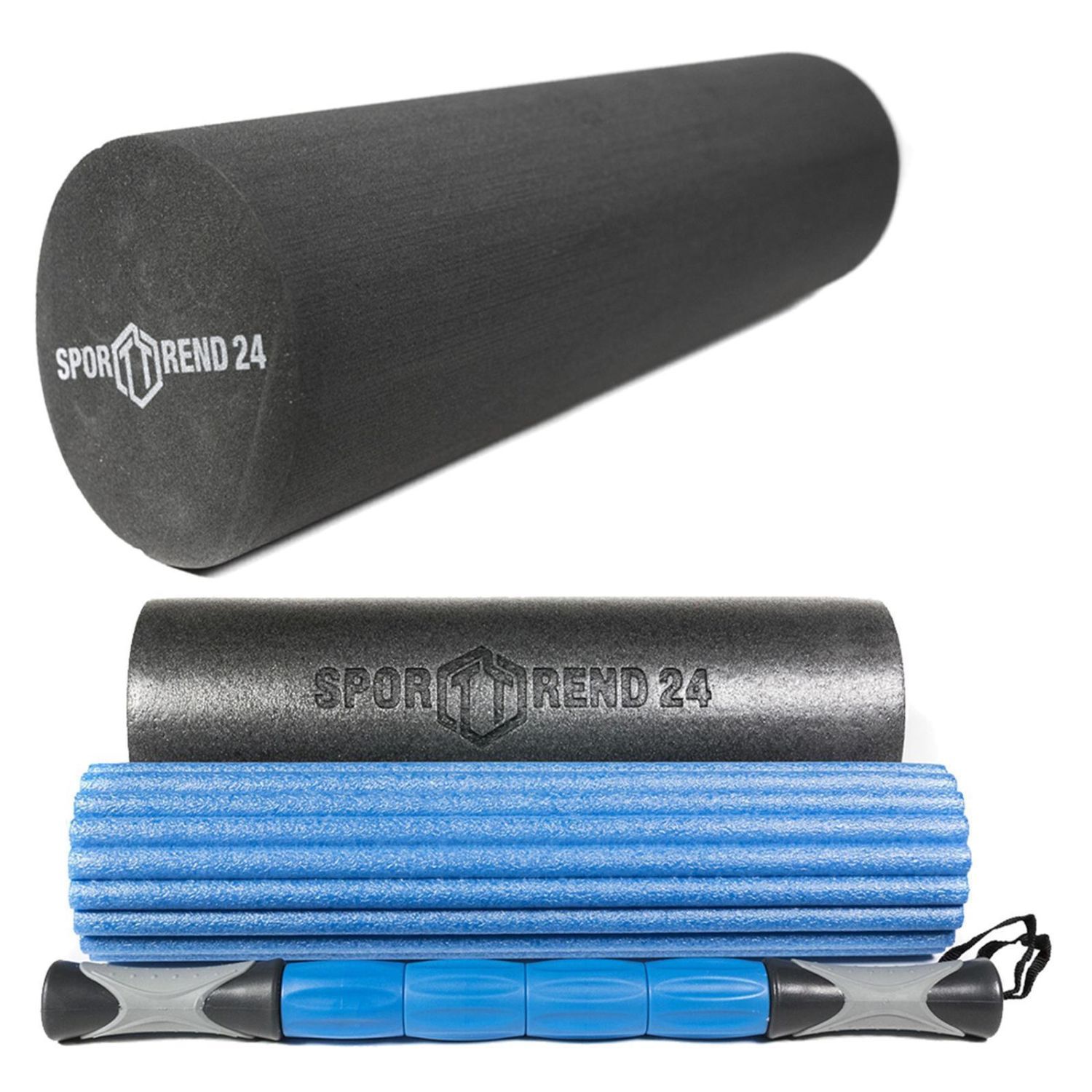 Graue Faszienrolle, blaue geriffelte Rolle und blaue Massagestange. Alle Produkte sind von Sporttrend 24.