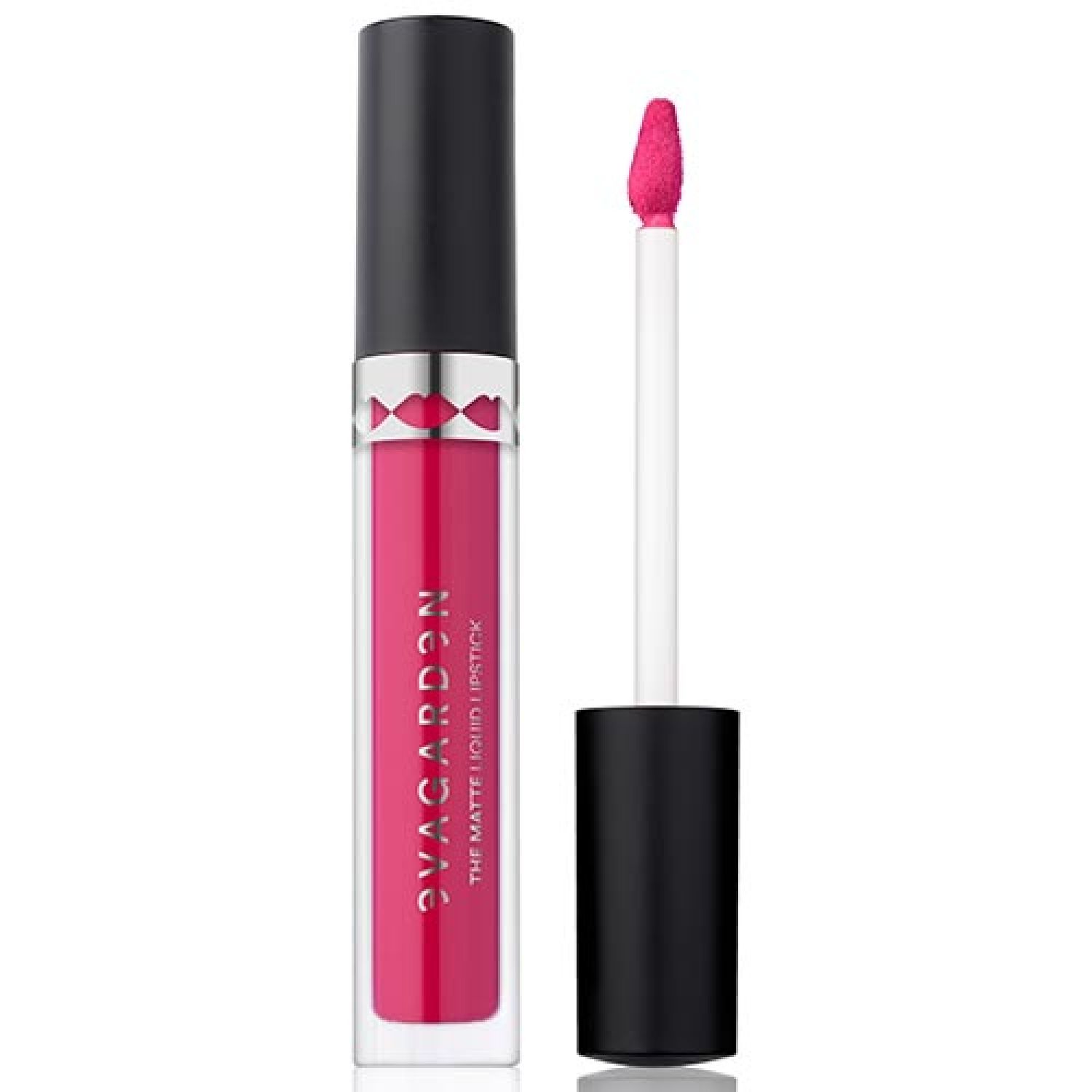 Flüssiger Lippenstift, pink. Schwarzer Deckel, silberner Ring mit Lippen-Motiv. Applikator mit pinkem Produkt.