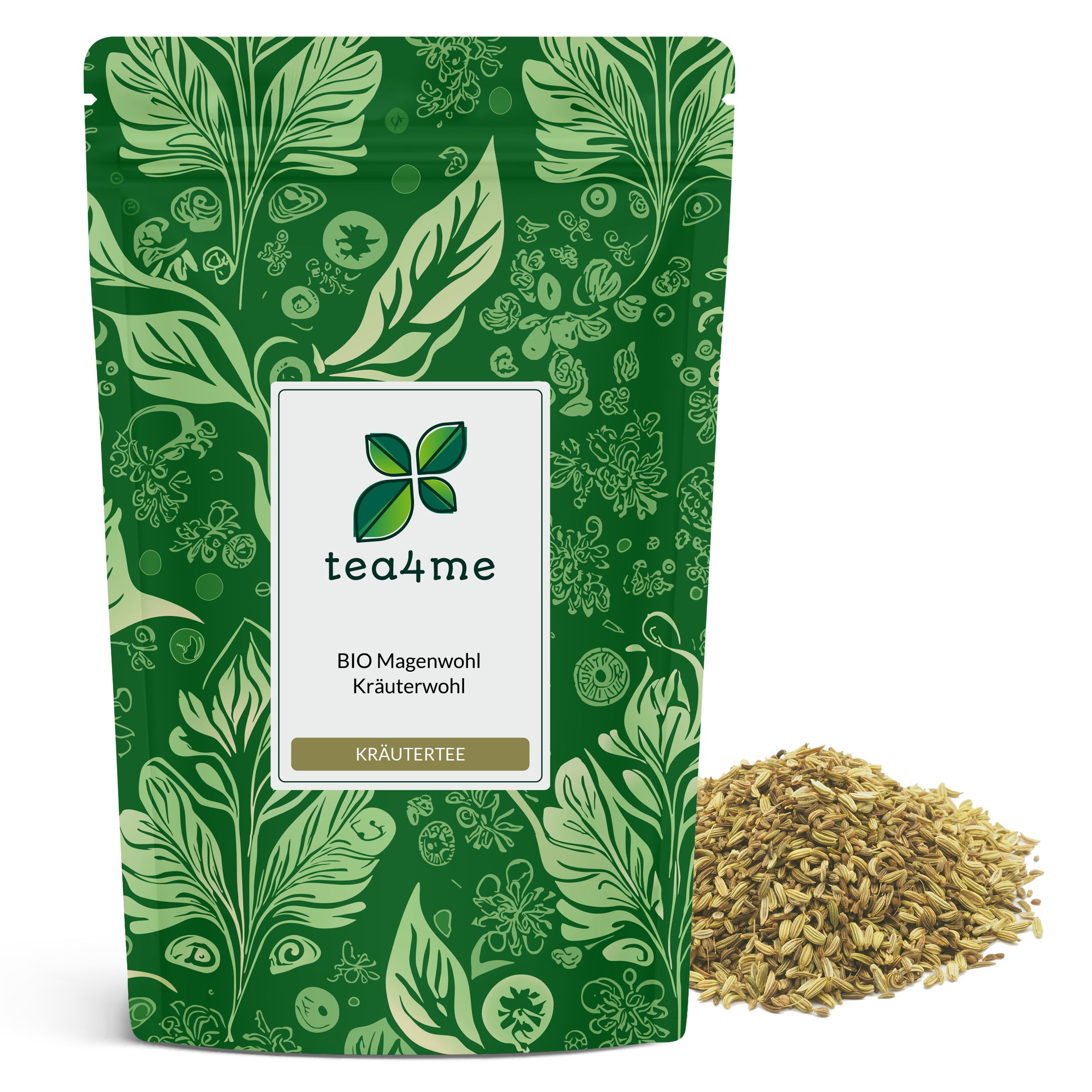 Grüner Beutel mit Kräutertee. Aufschrift: tea4me BIO Magenwohl Kräutertee. Daneben ein Haufen loser Kräuter.