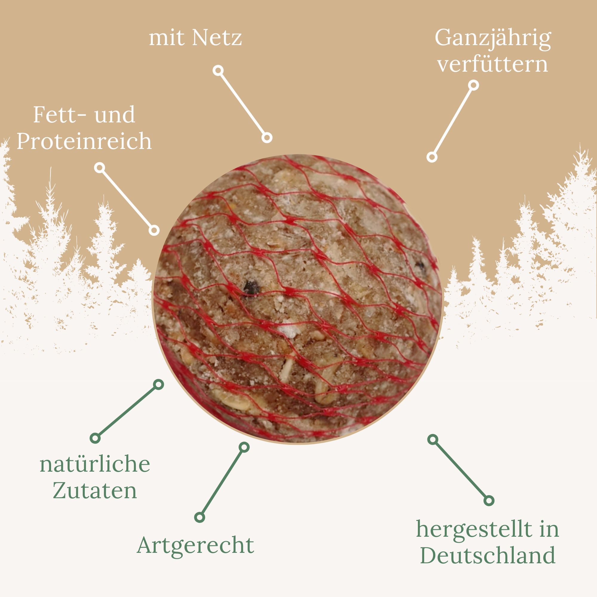 Runder Meisenknödel in rotem Netz. Fett- und proteinreich, mit natürlichen Zutaten, hergestellt in Deutschland.