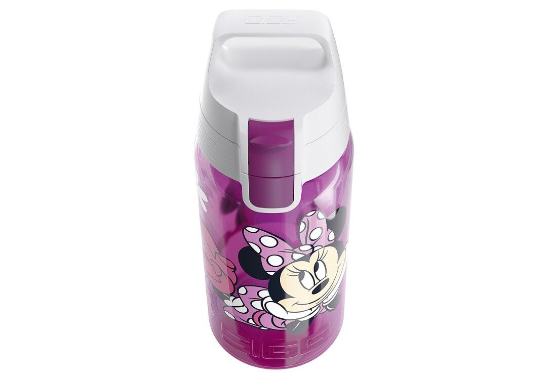 Violette Trinkflasche mit Minnie Mouse-Motiv. Weißer Deckel mit Tragegriff. Aufdruck: Minnie Mouse, Blumen.