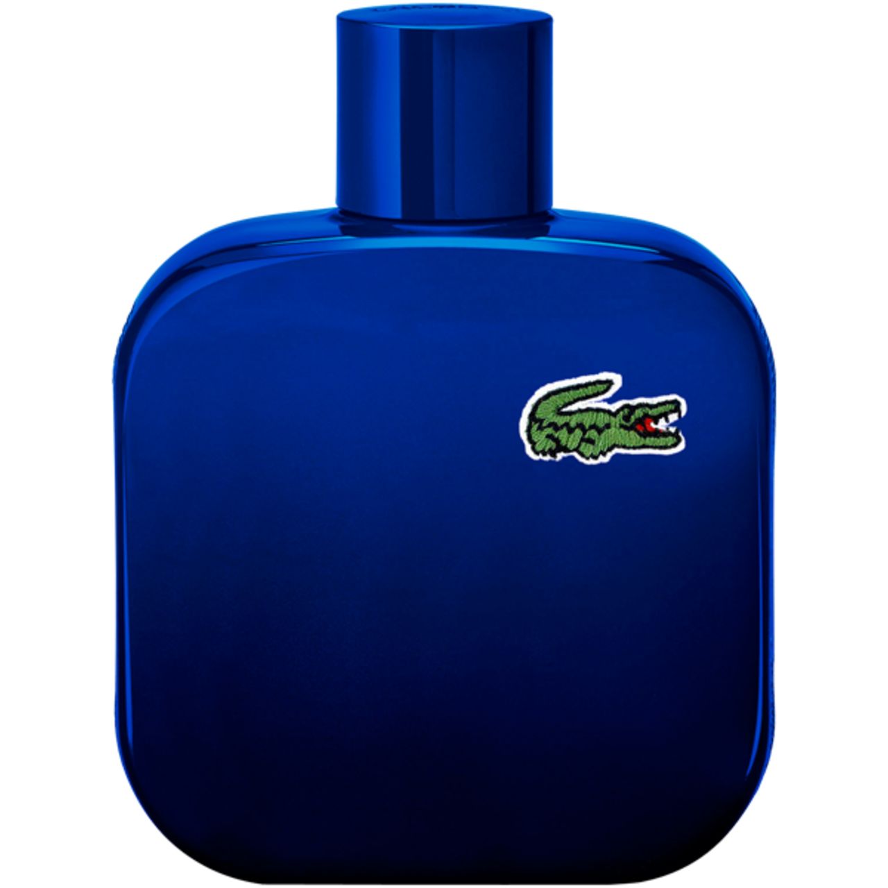 Blaues Parfümflakon mit grünem Krokodil-Logo. Flakon mit abgerundeten Ecken und blauem Verschluss.