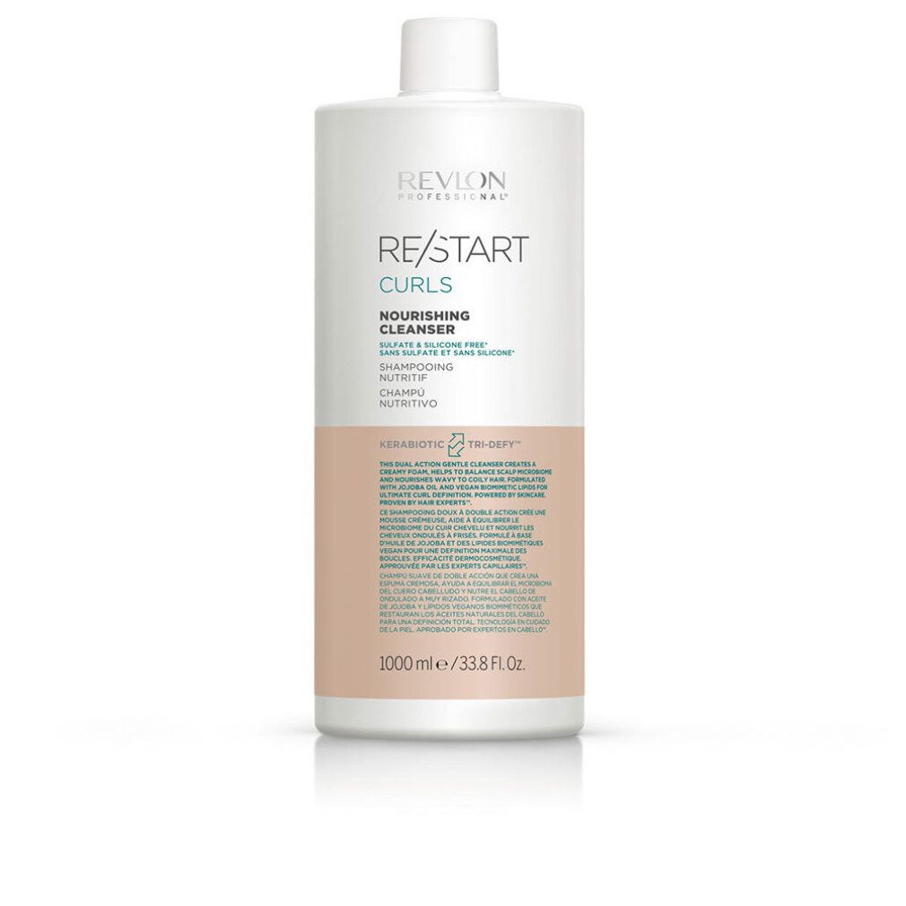 Weißer Flakon mit Schraubverschluss. Aufschrift: Revlon Re-Start Curls. Text in Englisch und Spanisch. Beigefarbener Streifen.