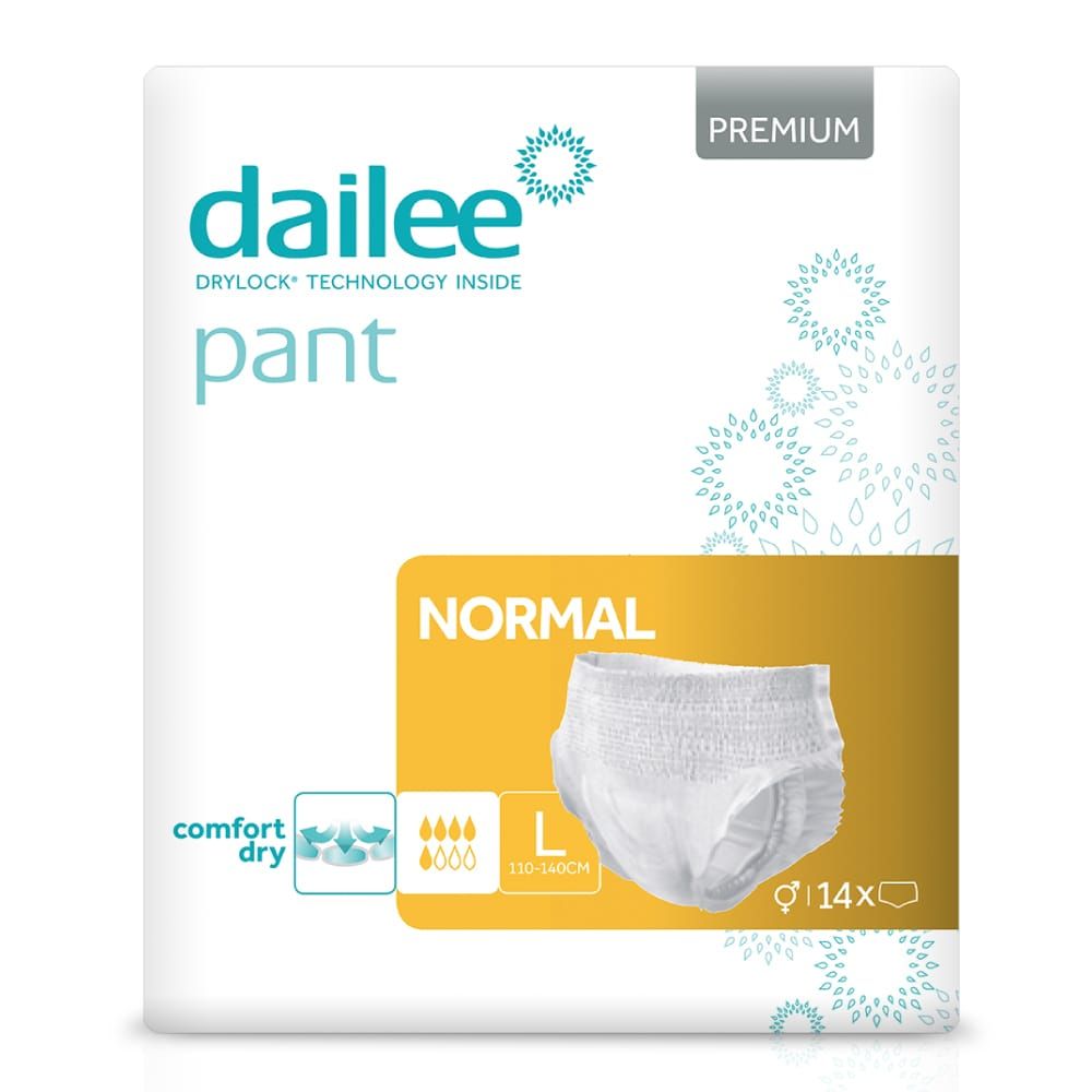 Verpackung Dailee Pants Normal. Weiße Windelhose, Größe L, 14 Stück. Aufdrucke: Dailee, Normal, Comfort Dry.