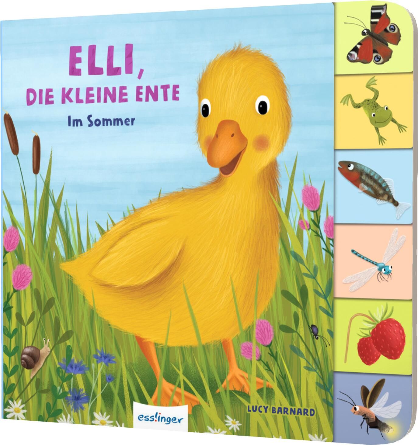 Buchcover mit gelber Ente, Titel: Elli, die kleine Ente. Illustration mit Wiese, Blumen und Insekten. Esslinger-Logo.