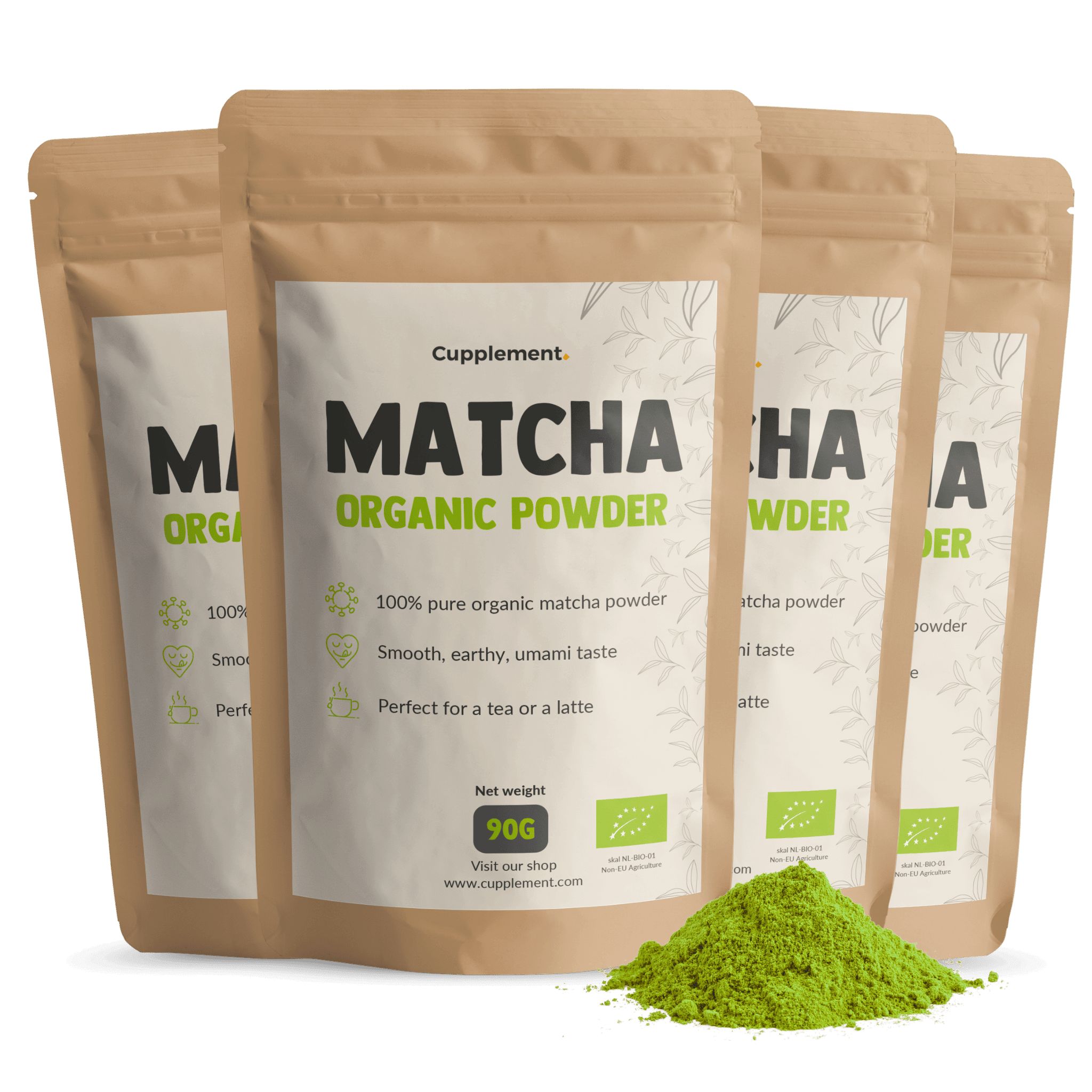 Vier Beutel Cupplement® Matcha Pulver. Braune Verpackung mit grünem Pulver. Bio-Siegel.