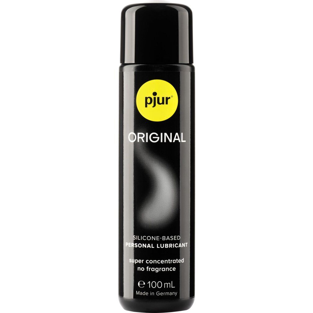 Schwarze Flasche mit schwarzem Deckel. Gelber Kreis mit "pjur" und "ORIGINAL". Text: SILICONE-BASED PERSONAL LUBRICANT.