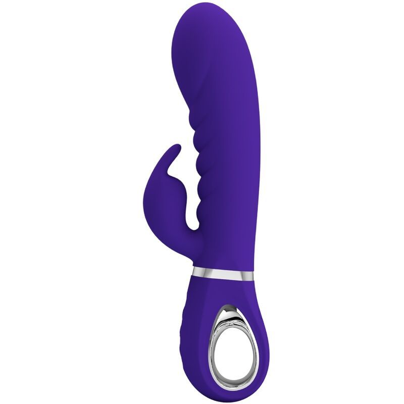 Lila Vibrator mit abgerundeter Spitze und G-Punkt-Stimulator. Mit drei Knöpfen am Griff.