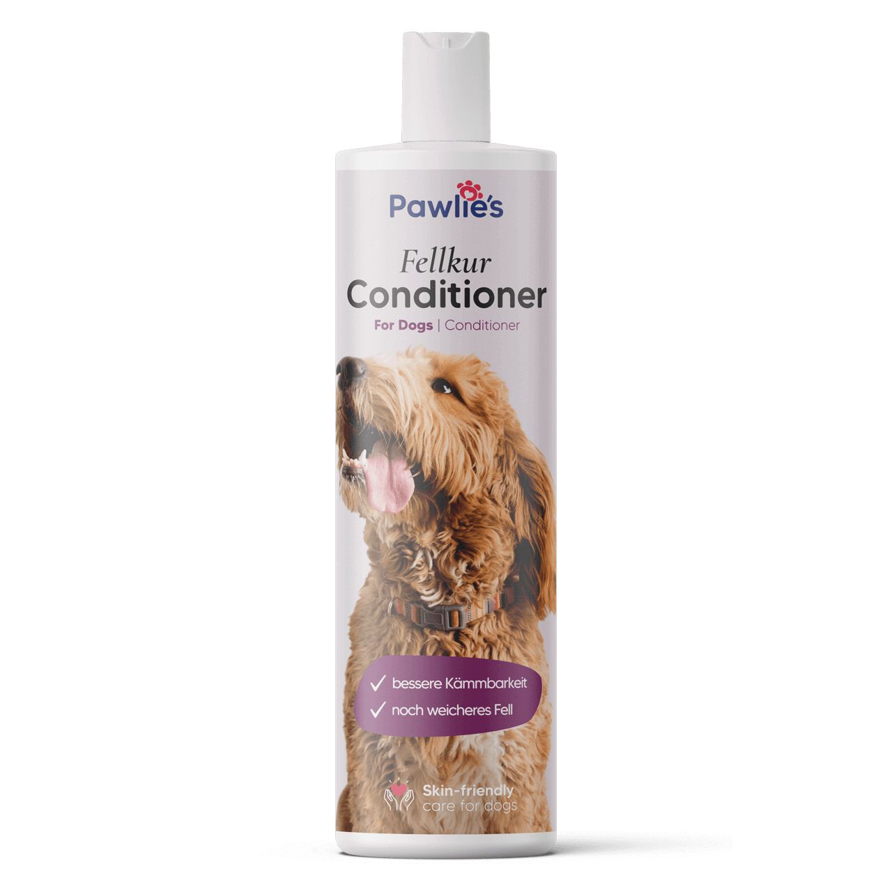 Weiße Flasche mit Etikett. Aufschrift: Pawlie's Fellkur Conditioner. Abbildung eines Hundes. Text: bessere Kämmbarkeit, weicheres Fell.