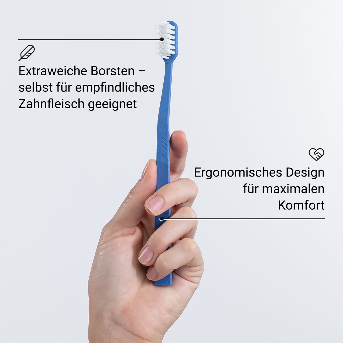 Blaue Zahnbürste in Hand. Text: Extraweiche Borsten, ergonomisches Design.