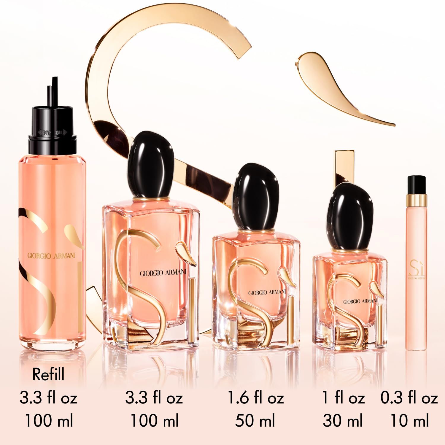 Giorgio Armani Si Eau de Parfum Intense Flakons. Verschiedene Größen. Goldene Buchstaben und Details. Schwarze Deckel.