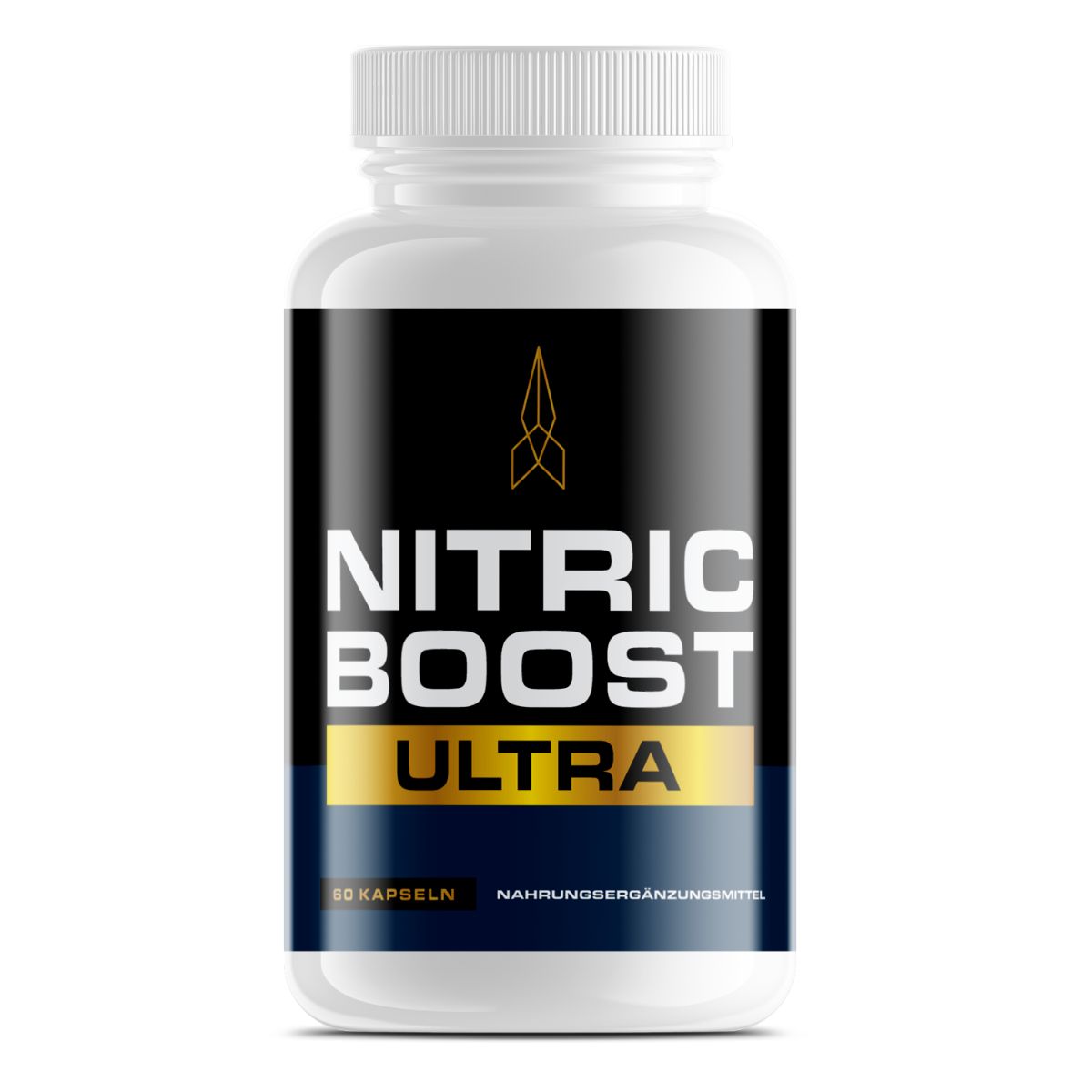Weiße Flasche mit schwarzem Etikett. Aufschrift: Nitric Boost Ultra. 60 Kapseln. Nahrungsergänzungsmittel.
