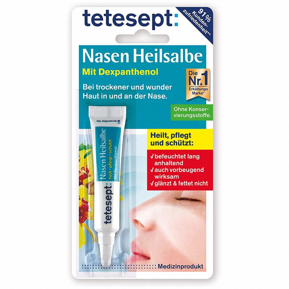 Verpackung mit Nasen Heilsalbe. Tube mit Produktname und Dexpanthenol. Aufschrift: Heilt, pflegt und schützt. Medizinprodukt.