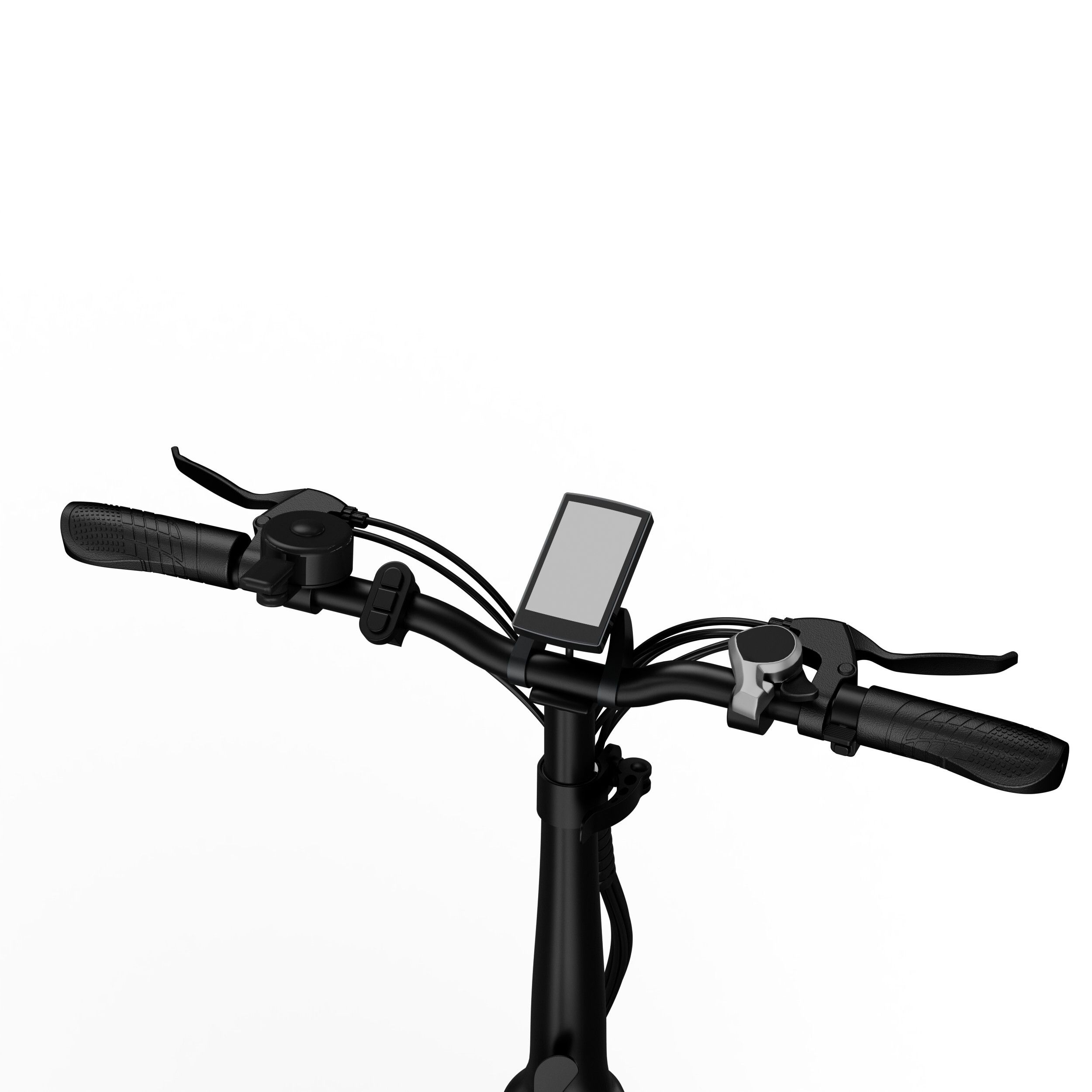 Schwarzer Lenker mit Bremshebeln und Display. Auf dem Lenker montiert.