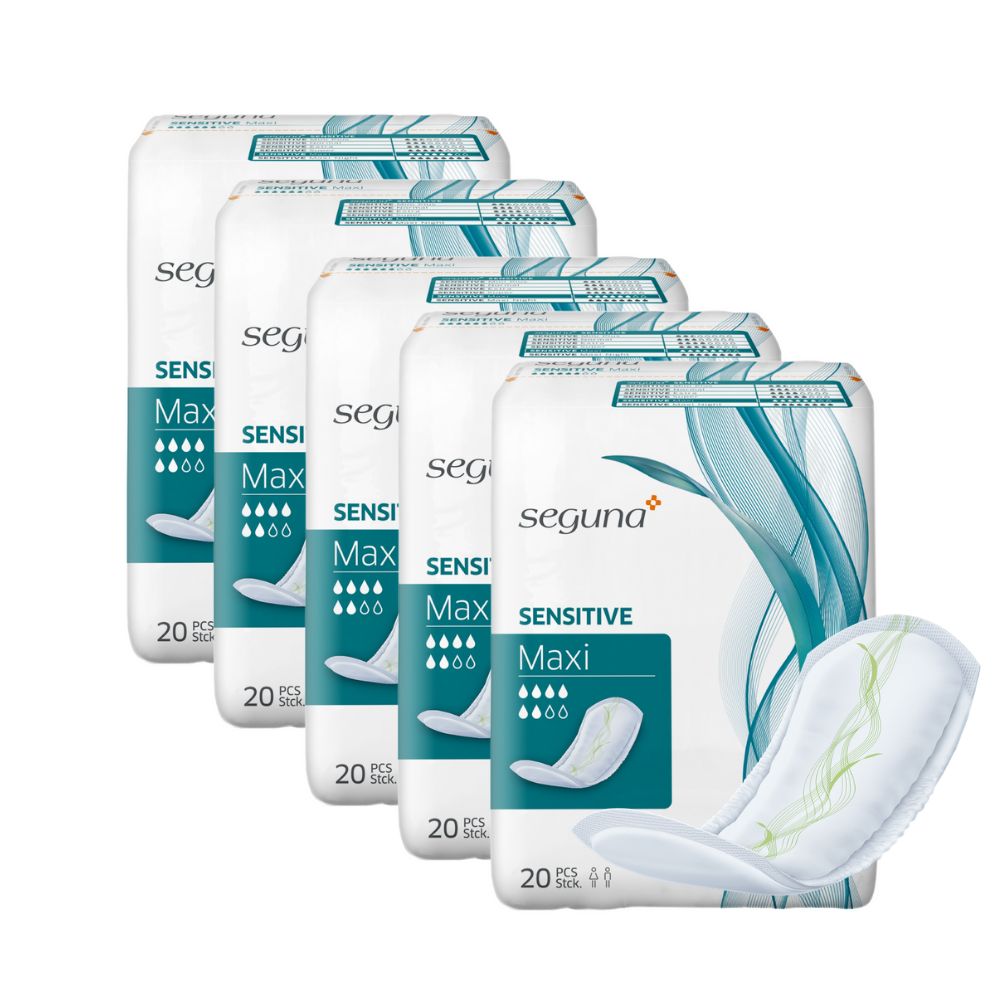 Mehrere Packungen SEGUNA Sensitive Maxi. Jede Packung enthält 20 Stück. Produkt und Verpackung zeigen blaue und grüne Designelemente.