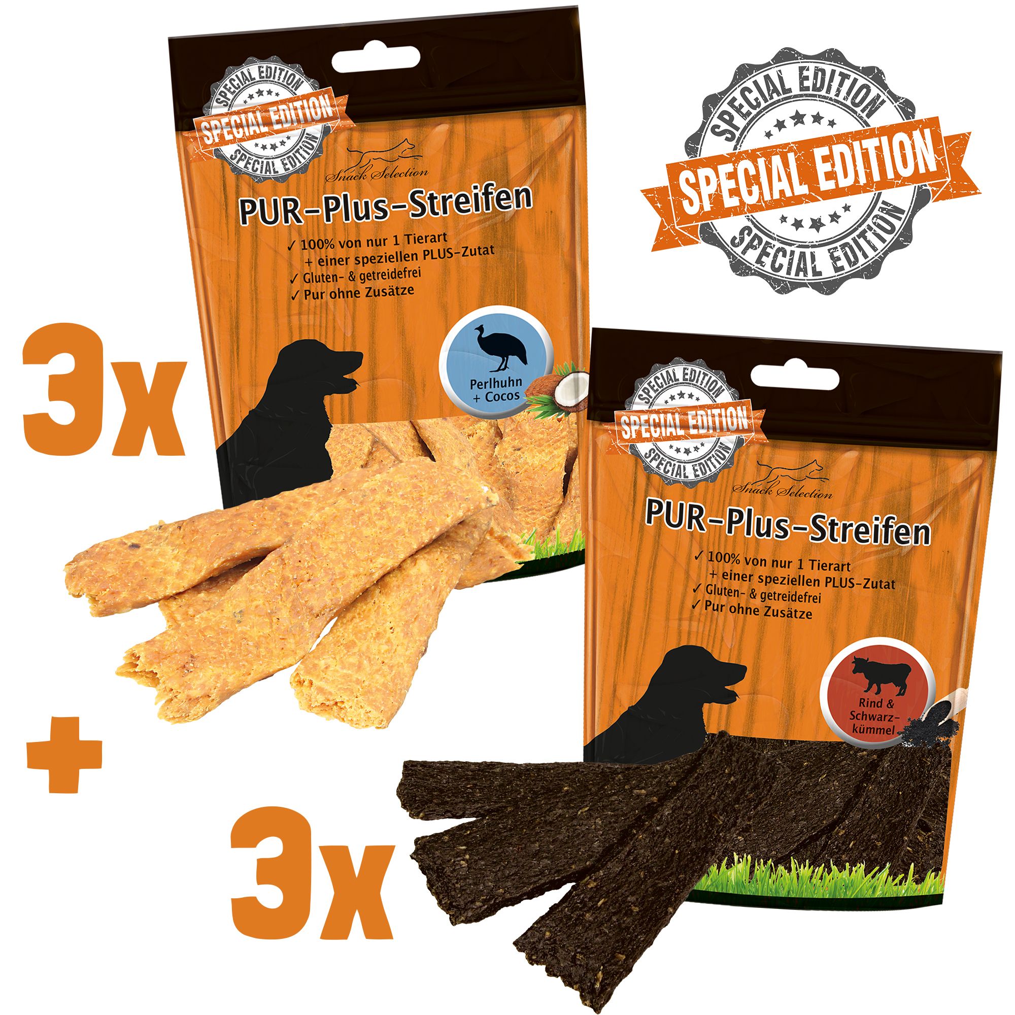 Schecker Hundesnack PUR-Plus-Streifen, 3 Packungen mit hellen Streifen, 3 mit dunklen Streifen. Aufdrucke: Special Edition, 100% von 1 Tierart, ohne Zusätze.