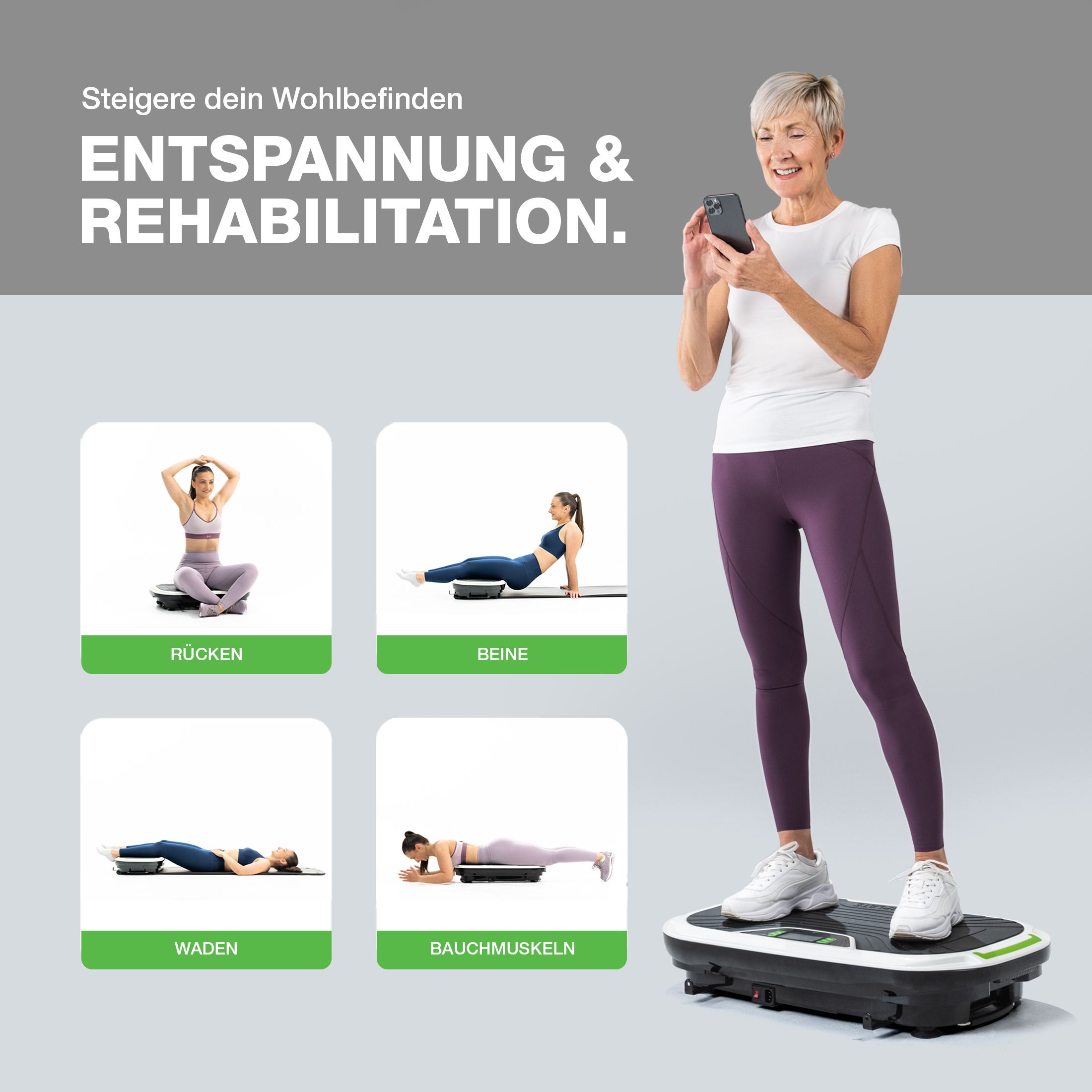 Frau auf Vibrationsplatte, hält Smartphone. Bilder zeigen Übungen für Rücken, Beine, Waden und Bauchmuskeln. Text: ENTSPANNUNG & REHABILITATION.
