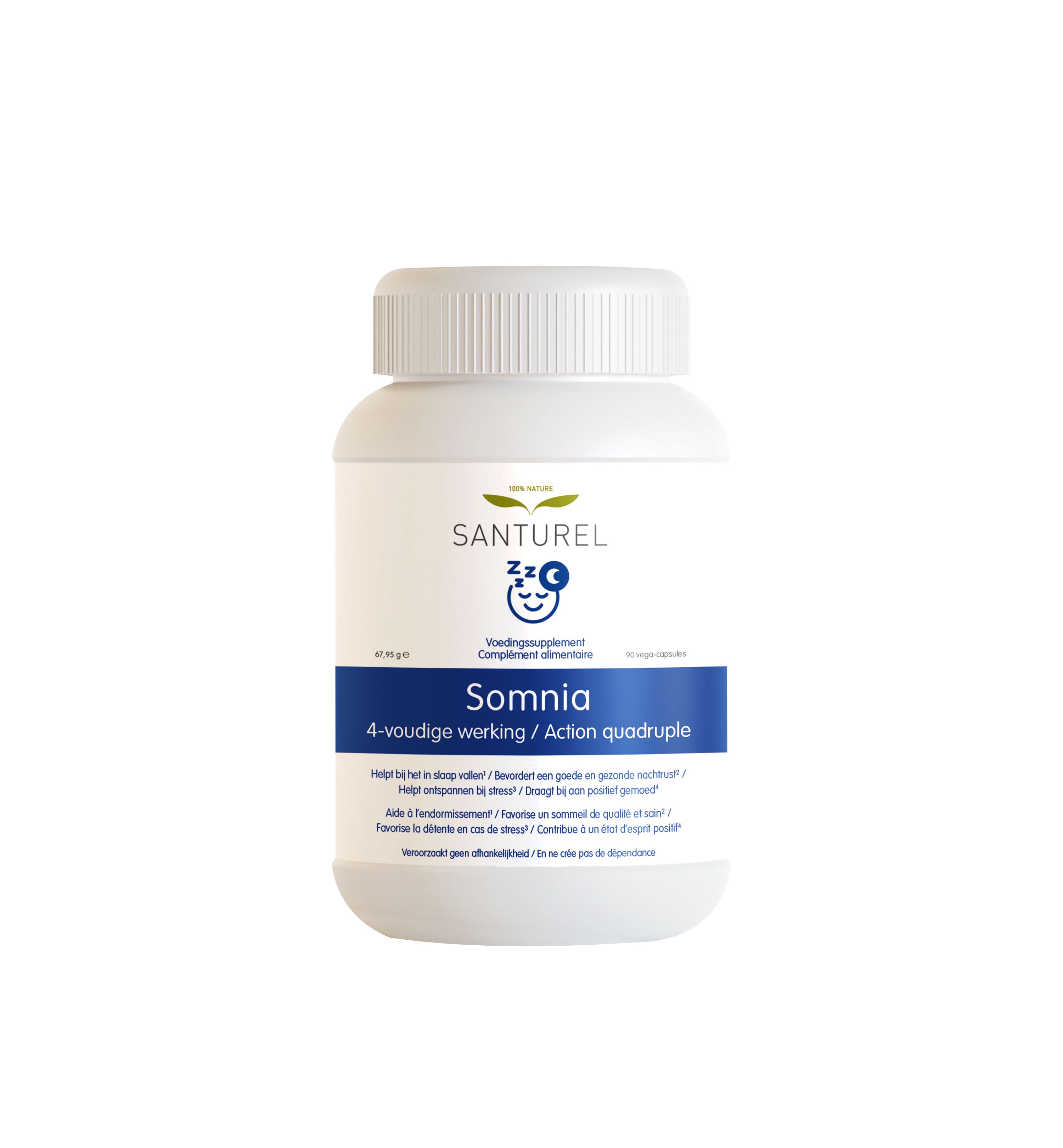 Weiße Pillendose mit blauem Etikett. Aufschrift: Santurel, Somnia. 4-fache Wirkung. Nahrungsergänzungsmittel. Deckel mit Rillen.