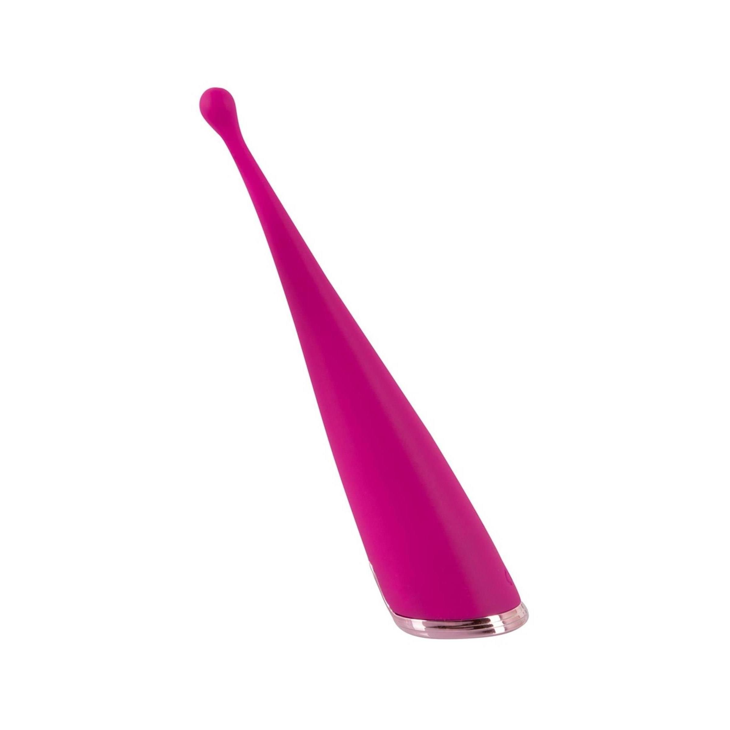 Rosa Vibrator mit abgerundeter Spitze. Konische Form, leicht geneigt. Auf weißem Hintergrund.