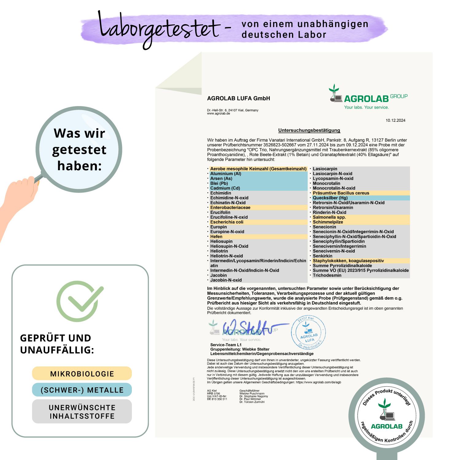 Laborbericht. Agrolab LUFA GmbH. Geprüft auf: Mikrobiologie, Schwermetalle, unerwünschte Inhaltsstoffe. Zertifizierung.