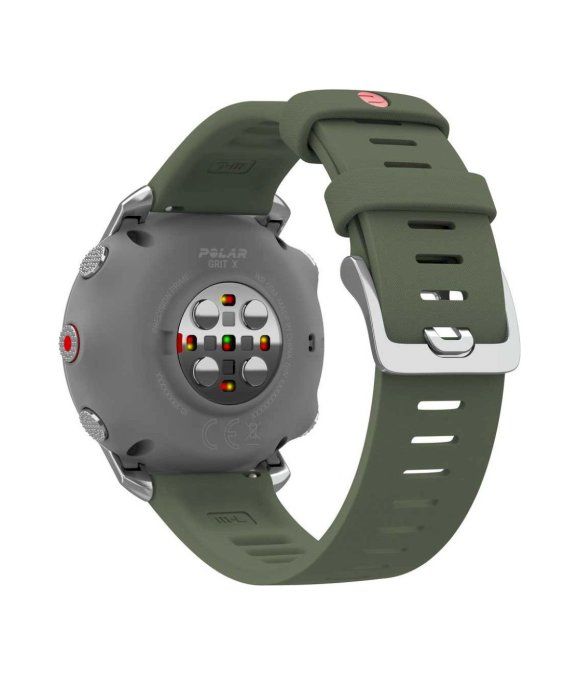 Rückseite der grünen Smartwatch. Sensoren, Marke POLAR und Modell GRIT X. Grünes Armband mit silberner Schnalle.
