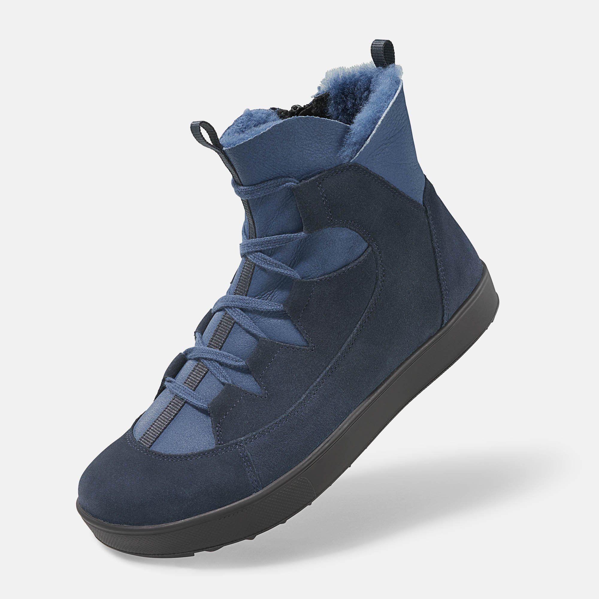 Dunkelblaue Damen-Stiefelette, Vorderansicht, mit Schnürung und Lammfellfutter.