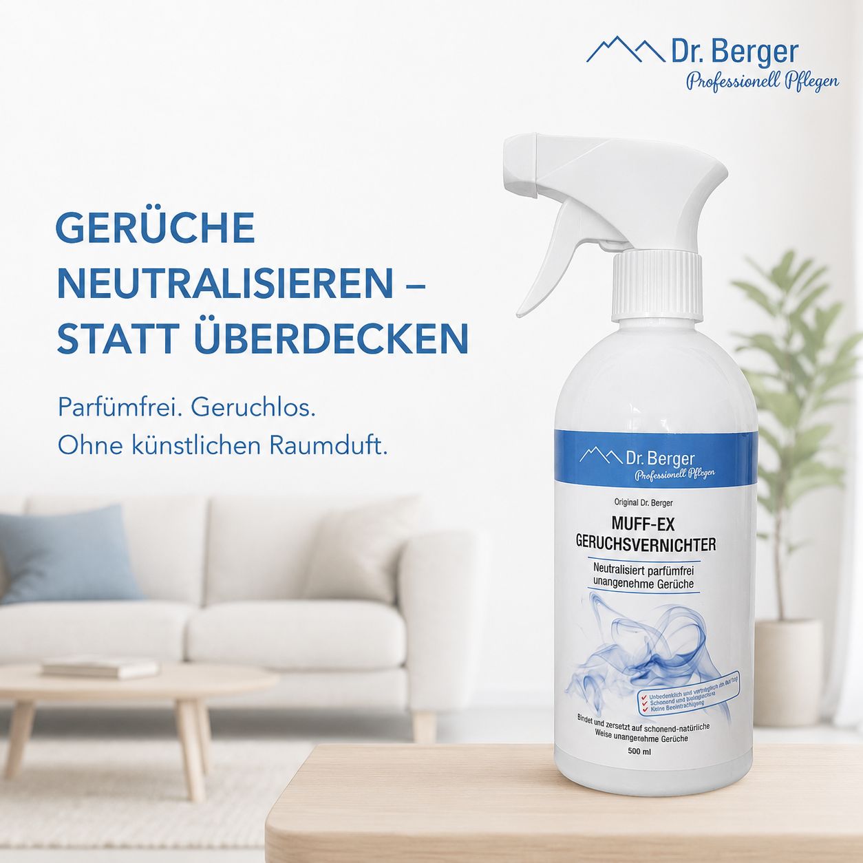 Dr. Berger Muff-Ex Geruchsvernichter Sprühflasche, parfümfrei, geruchlos, ohne künstlichen Raumduft.