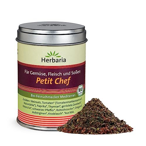 Herbaria Petit Chef Gewürzdose neben einem Haufen der Gewürzmischung.