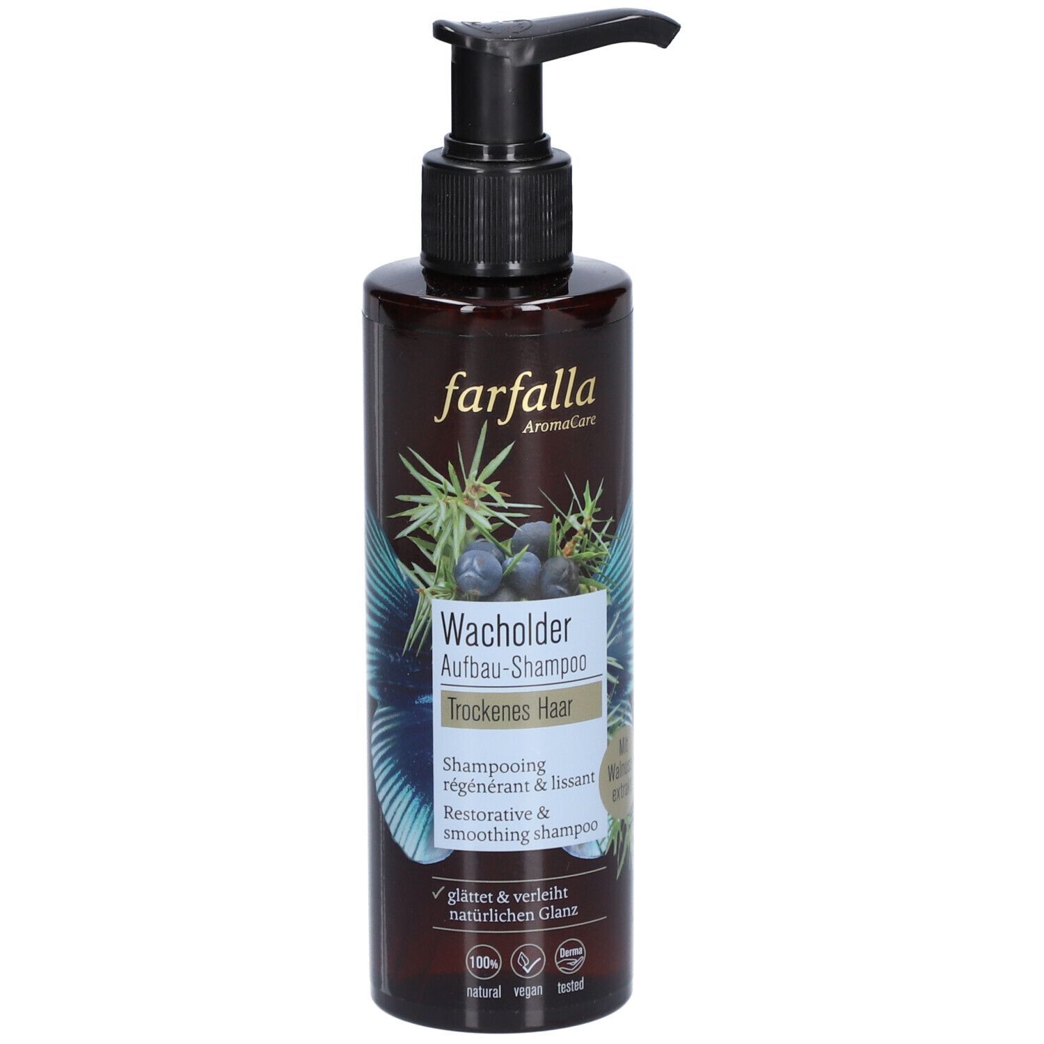 Braune Flasche mit schwarzem Pumpkopf. Aufschrift: Farfalla Wacholder Aufbau-Shampoo für trockenes Haar. Mit Pflanzenabbildung.