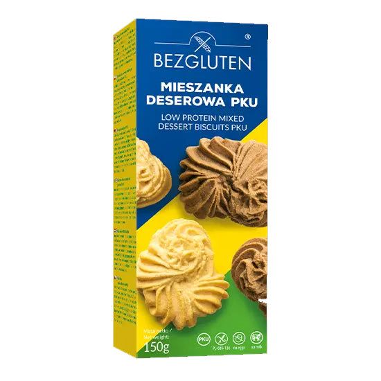Verpackung mit Keksen. Aufschrift: Bezgluten, Mischung PKU. Glutenfrei, eiweißarm.